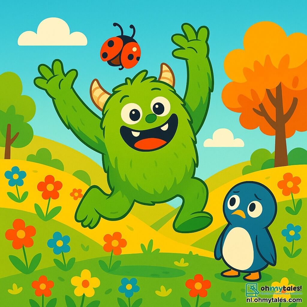 Grumpie, een grote harige monster met een felgroene huid en grote ronde nieuwsgierige ogen, heeft een blije en enthousiaste glimlach. Hij springt van blijdschap met zijn armen omhoog, omringd door felle kleuren. Naast hem staat Pipo, een kleine blauwe pinguïn met een witte buik en een triest gezicht, die Grumpie bewonderend aankijkt met zijn hoofd iets gekanteld. Lila, een kleine rode lieveheersbeestje met zwarte stippen, vliegt vrolijk om hen heen, haar glinsterende vleugels vangen het zonlicht. De scène speelt zich af in de Glimlachende Heuvels, een betoverend landschap vol golvende heuvels bedekt met kleurrijke bloemen die dansen in de wind, en bomen met stralende bladeren. In de verte weerklinken het gelach en gezang van andere monsters in de lucht, wat bijdraagt aan de feestelijke sfeer. De hoofdscène toont Grumpie en zijn vrienden die de magie van Pipo vieren, met gelach en felle kleuren, wat het belang van vriendschap en gedeelde vreugde illustreert.