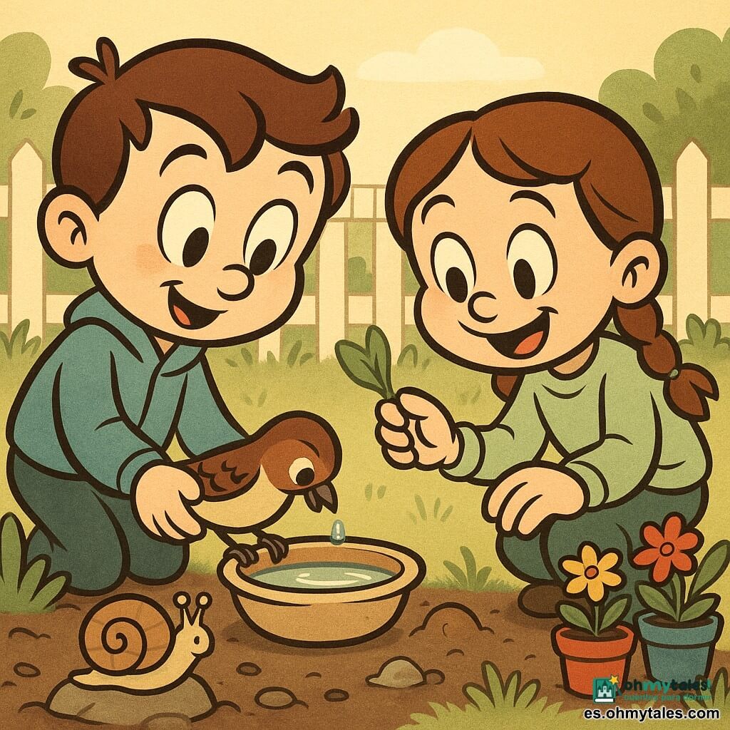 Hay cuatro personajes: un niño de unos 8 años, pelo castaño corto, ojos curiosos, con chaqueta azul claro, a la izquierda sosteniendo un pequeño cuenco de agua; una niña de unos 8 años, pelo castaño en dos trenzas, con sudadera verde pálido, a la derecha, agachada mostrando delicadamente una hoja; un gorrión pequeño de plumaje marrón y beige posado en el borde del cuenco bebiendo; y un caracol de concha beige espiral sobre una piedra en primer plano. En un pequeño jardín matutino de casa con tierra húmeda, macetas de colores y una valla blanca detrás, los niños protegen y observan la naturaleza: miran atentamente al pájaro que bebe en el cuenco, con una atmósfera suave y luminosa, colores pastel y rayos de sol dorados.