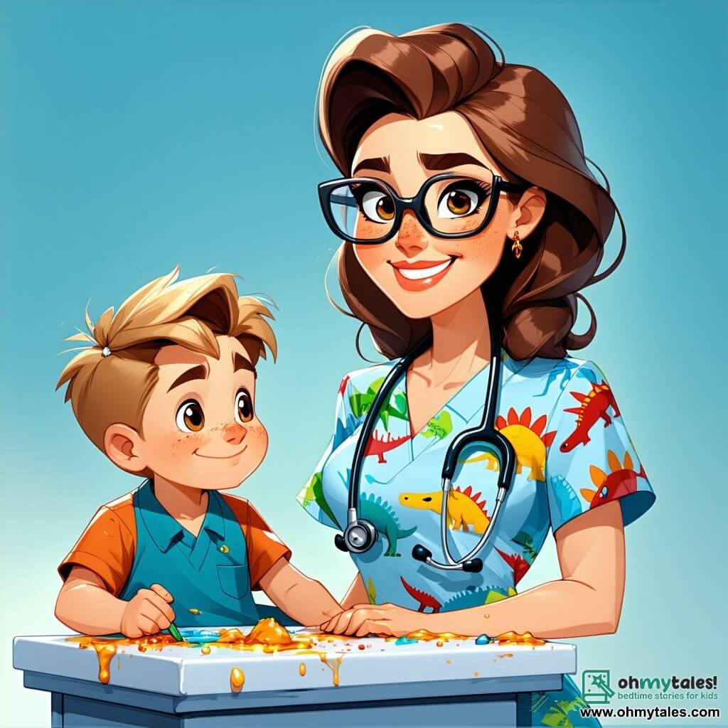 Dr. Maya, a smiling woman with curly brown hair and round glasses, wears colorful scrubs decorated with small dinosaurs. She stands confidently with a stethoscope around her neck, examining a young boy named Tommy, who is about 8 years old and sitting on an examination table. Tommy has messy blonde hair and a worried look, but he starts to smile as he listens to Dr. Maya. The scene takes place in a bright hospital examination room with light blue walls, health education posters, and colorful toys scattered on a shelf. Sunlight filters through a window, creating a warm and welcoming atmosphere. The main situation shows Dr. Maya reassuring Tommy after he hurt himself skateboarding, holding his hand compassionately while telling him a funny story to ease his fears.