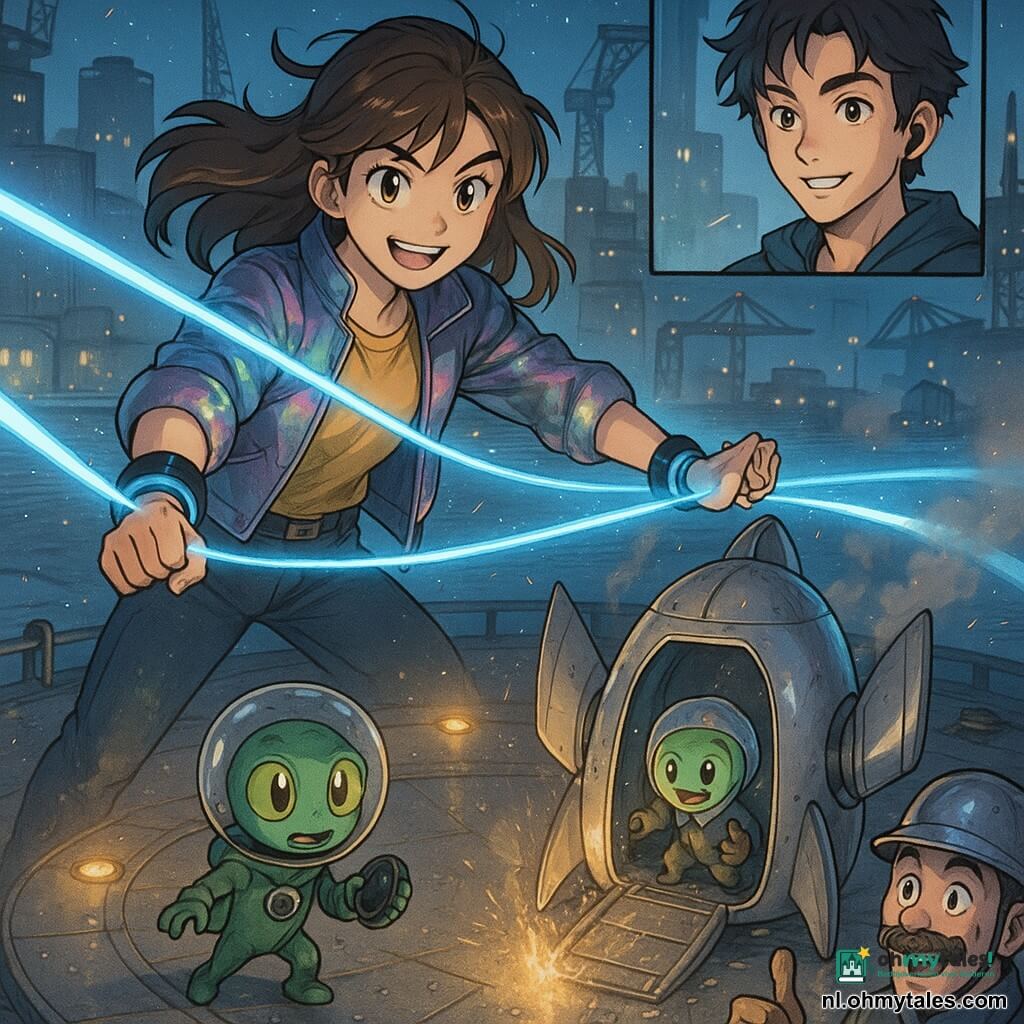 Zyra, jonge vrouw, vastberaden glimlach, glanzend jack met veranderende reflecties en twee zwarte-zilveren lichtringen om haar polsen die blauwe lichtbogen uitstralen; ze strekt haar armen om lichtlinten te spannen die een landende capsule stabiliseren. Kex, compact buitenaards wezen, niet-humanoid, doorzichtige helm, ogen van groen naar goud, houdt een klein zwart schijfje en kijkt opgelucht vanuit de opening van de capsule achter de uitrijplaat. Yaro, jonge man (~20), warrig haar, amusant maar geconcentreerd, zichtbaar op een zwevend scherm of via oortje, geeft Zyra instructies. Een snorrenbewaker (~40) staat opzij met glanzende helm, duim omhoog, verrast en bewonderend. Locatie: groot rond landingsplatform aan een industriële haven 's nachts, pulserende ronde lampen in de vloer, lichte nevel boven het water, kranen en metalen magazijnen tegen een staalblauwe lucht. De zilveren capsule met vinvormige kleppen staat in het midden, omgeven door lichte rook en vonken. Sfeer gespannen maar geruststellend, contrasterende kleuren: elektrisch blauw, warme gouden lampen, metalen reflecties en regendruppels.