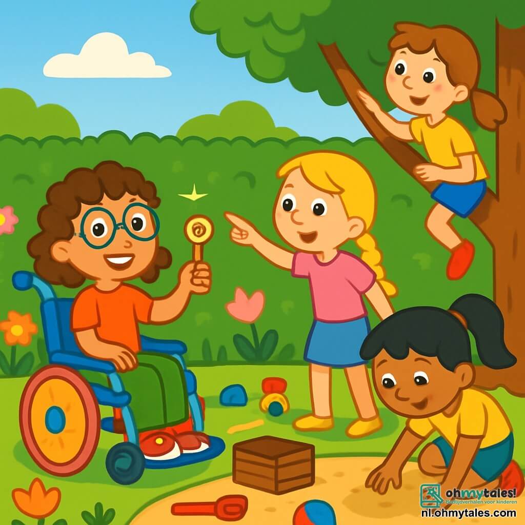 Er zijn 4 kinderen: - Emma: een 8-jarig meisje met krullend bruin haar en een ronde bril. Ze zit in een mooie gekleurde rolstoel, glimlachend en vol energie. - Noor: een 7-jarig meisje met lange gevlochten blonde haren en een roze T-shirt. Ze staat naast Emma en wijst naar een glanzend voorwerp in de haag. - Lotte: een 8-jarig meisje met kastanjebruin haar en sproeten op haar gezicht. Ze klimt op een tak van een boom en kijkt naar de lucht. - Sara: een 7-jarig meisje met zwart haar in een paardenstaart en een blauwe short. Ze zit op haar hurken bij het zand en krabt met haar handen in de grond. De locatie is een mooie zonnige tuin, vol met kleurrijke bloemen, groene bomen en een grote haag. In het midden is er een groot zandgebied, omringd door verspreid liggend speelgoed en een oude houten kist. De belangrijkste situatie toont de kinderen die op onderzoek zijn, op zoek naar hun verdwenen speelgoed. Emma glimlacht terwijl ze een glanzende sleutel vasthoudt, Noor wijst naar de haag, Lotte kijkt in de boom en Sara krabt enthousiast in het zand. De sfeer is vrolijk en vol mysterie, met felle kleuren en nieuwsgierige gezichten.