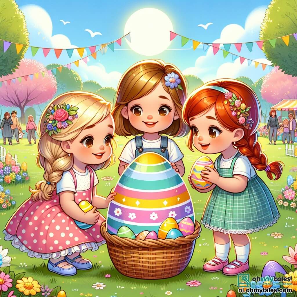 Drie kleine meisjes van drie jaar oud staan in het midden van de afbeelding. Anna, met blond haar en vlechten, draagt een roze stippenjurk en houdt een klein rieten mandje vast. Rechts van haar staat Rosa, met bruin haar en staartjes, in een blauwe jurk en ze glimlacht terwijl ze een geel ei vasthoudt. Links staat Mila, met rood haar en een vlecht, in een groene jurk die verwonderd kijkt naar een groot gekleurd ei dat ze net heeft ontdekt. De achtergrond toont een lentetuin vol kleurrijke bloemen en bloeiende bomen. De lucht is blauw met enkele witte wolken en kleurrijke vlaggen wapperen in de wind. Op de achtergrond zijn gezinnen te zien die wandelen en marktkramen met Paasdecoraties. De hoofdscène toont de drie vriendinnen die op zoek zijn naar paaseieren, met blije en opgewonden gezichten. In het midden schittert het grote ei in regenboogkleuren onder de zon, wat hun aandacht trekt.