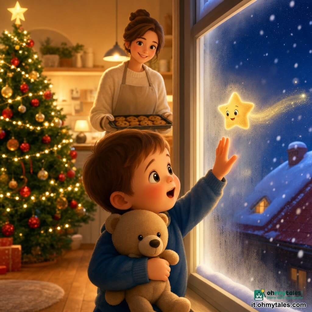 Bambino di 2 anni dal viso rotondo, guance rosate, capelli castani corti e grandi occhi brillanti, abbraccia un piccolo orsacchiotto beige e tocca delicatamente il vetro con la mano sinistra; la madre, donna intorno ai 30 anni con capelli castani raccolti e sorriso tenero, tiene un vassoio di biscotti caldi e sta leggermente dietro a destra, vicino alla cucina sullo sfondo; vicino alla finestra, all'altezza del volto del bambino, fluttua una piccola stella gialla pallida con una scia scintillante; a sinistra un albero di Natale decorato con palline rosse e dorate, luci calde e una stella in cima illumina la stanza; dalla finestra appannata si vede una fitta nevicata con fiocchi grandi che cadono su un tetto rosso sotto un cielo blu notte; scena centrata e leggibile, atmosfera calda e meravigliata.