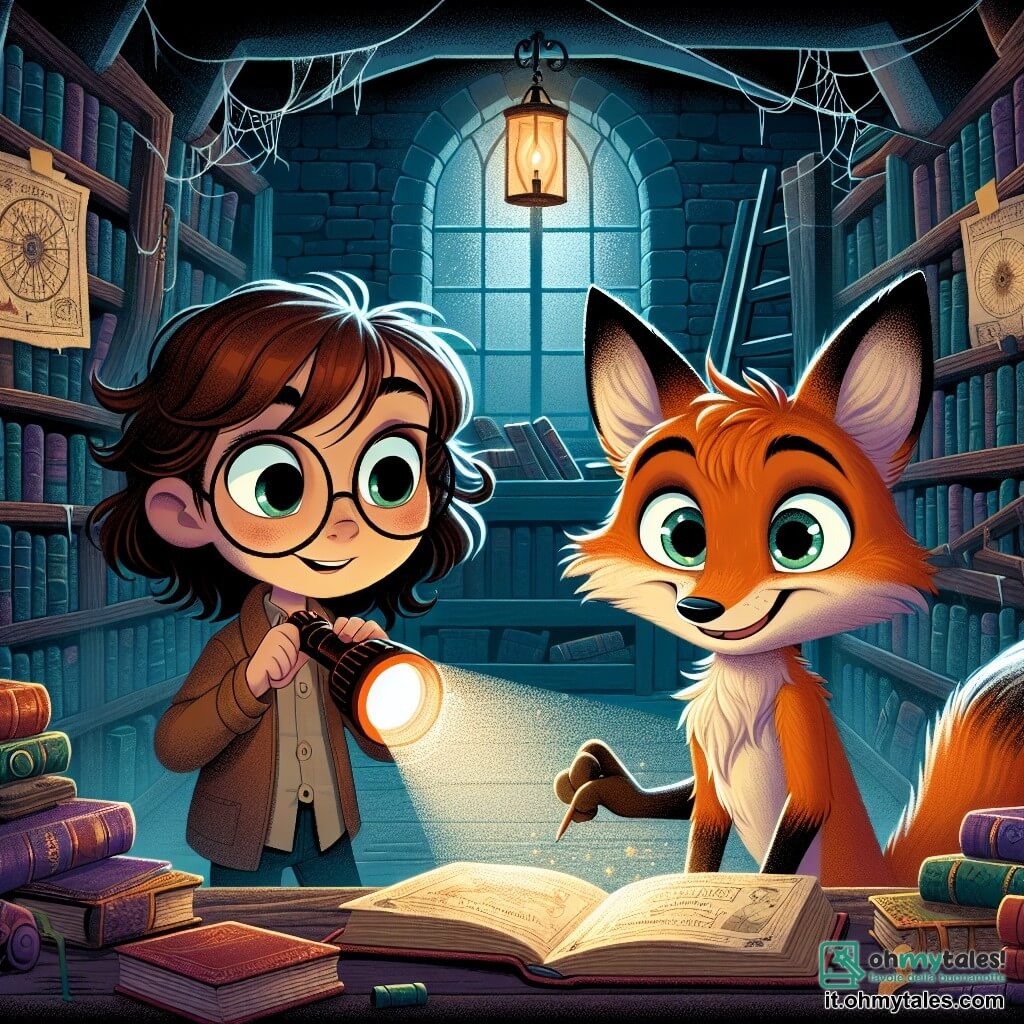 Al centro dell'immagine, Leo, una volpe astuta con occhi scintillanti e pelliccia rossa brillante, sta rovistando in una vecchia biblioteca polverosa, con un'espressione piena di curiosità ed eccitazione. Accanto a lui, Emma, una ragazza dai capelli castani e ricci, tiene una torcia e mostra un sorriso determinato, mentre Marco, un ragazzo con occhiali rotondi e capelli castani, sfoglia un libro antico con un'espressione concentrata, entrambi guardando Leo con entusiasmo. La biblioteca è piena di libri dalle copertine colorate, mappe antiche appese alle pareti e scaffali in legno scuro, creando un'atmosfera misteriosa e magica. Ragnatele pendono negli angoli e la luce della luna filtra attraverso una finestra polverosa, aggiungendo un tocco di mistero alla scena. In questa illustrazione, Leo, Emma e Marco sono in piena indagine, cercando indizi su un tesoro nascosto, mentre ombre danzano intorno a loro, suggerendo che segreti antichi aspettano di essere scoperti.