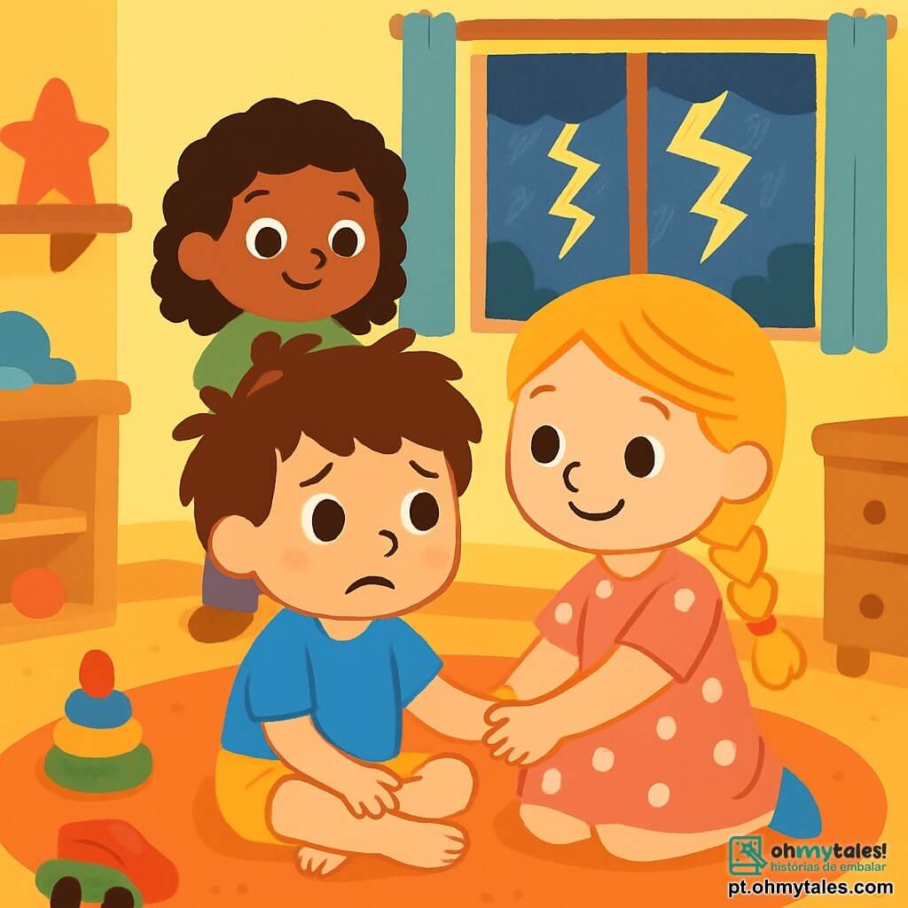 Há 3 personagens: - Tomás: um menino de 5 anos, com cabelos castanhos bagunçados e olhos redondos e curiosos. Ele usa uma camiseta azul e um short amarelo. Está sentado no chão, com as pernas cruzadas, com uma expressão preocupada no rosto. - Lara: uma menina de 6 anos, com longos cabelos loiros trançados e um sorriso reconfortante. Ela veste um vestido rosa com bolinhas brancas. Está ao lado de Tomás, segurando sua mão para tranquilizá-lo. - Rita: uma menina de 5 anos, com cabelos cacheados e um ursinho de pelúcia nos braços. Ela usa uma camiseta verde e uma calça roxa. Está logo atrás de Tomás e Lara, olhando para eles com olhos cheios de ternura. O local é um quarto infantil acolhedor, com paredes pintadas de amarelo pastel. Há brinquedos espalhados pelo chão, um tapete macio e uma janela onde se vê relâmpagos iluminando o céu escuro e tempestuoso do lado de fora. A situação principal mostra Tomás, Lara e Rita juntos, de mãos dadas e sorrindo, apesar do barulho do trovão ao longe. Eles estão juntos, prontos para enfrentar seu medo, cercados por uma atmosfera suave e reconfortante.