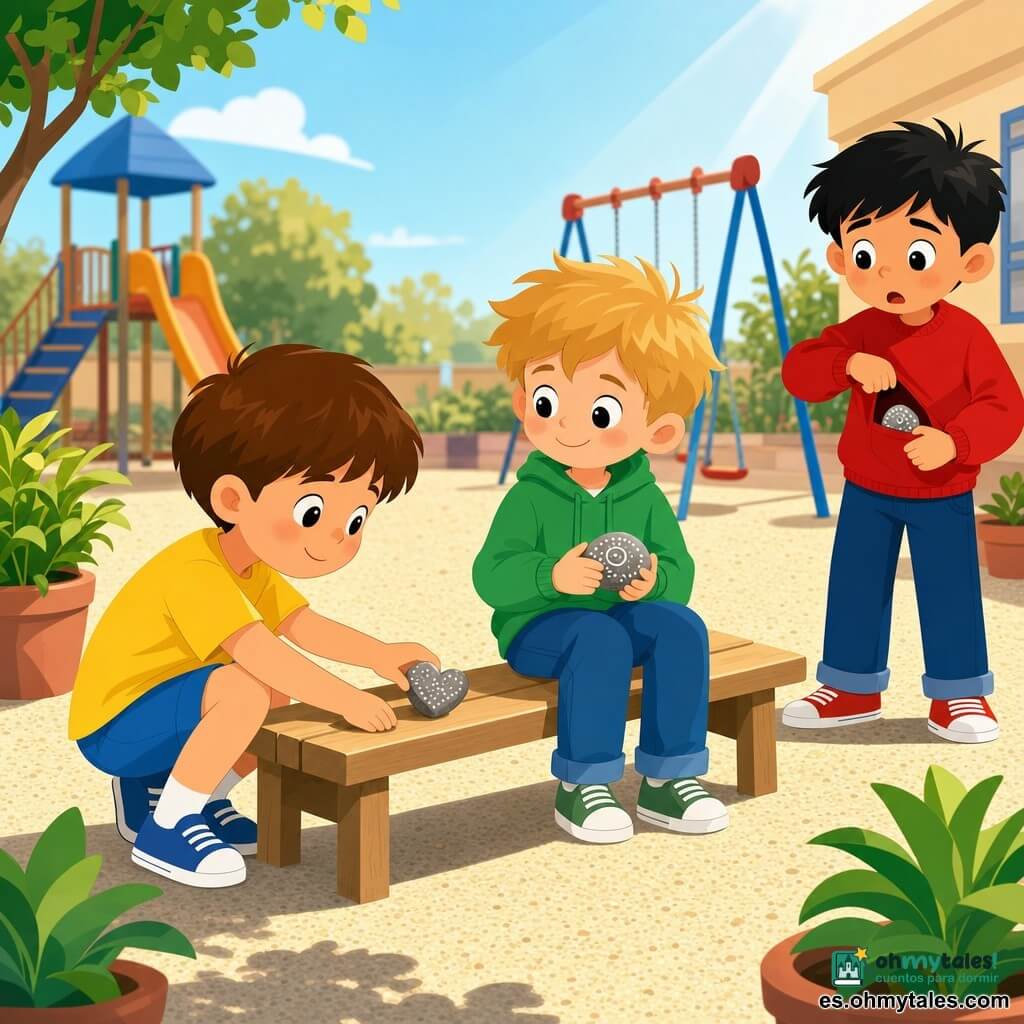 Un niño de 6 años, tranquilo y sonriente, ojos brillantes, pelo castaño a lo carré, con camiseta amarilla y pantalón corto azul, está agachado y extiende la mano para poner una pequeña piedra en forma de corazón sobre un banco de madera; junto a él, Lucas, también de 6 años, tímido pero contento, pelo rubio alborotado y sudadera verde, está sentado sonriendo y mirando la piedra mientras sostiene una piedra redonda con motivos blancos, el torso vuelto hacia su amigo; más atrás está Pedro, unos 7 años, con expresión sorprendida y algo avergonzada, pelo negro y suéter rojo, de pie mostrando en el bolsillo la piedra que había tomado por error; todo ocurre en un patio de escuela soleado con suelo de gravilla fina, banco de madera claro, macetas bajas con hojas verdes, un tobogán y columpios desenfocados al fondo y rayos de sol suaves; la escena muestra el reencuentro y el compartir: las piedras juntas en el banco como símbolo de amistad, colores vivos, formas simples, sombras planas, contornos nítidos y ambiente cálido y reconfortante.