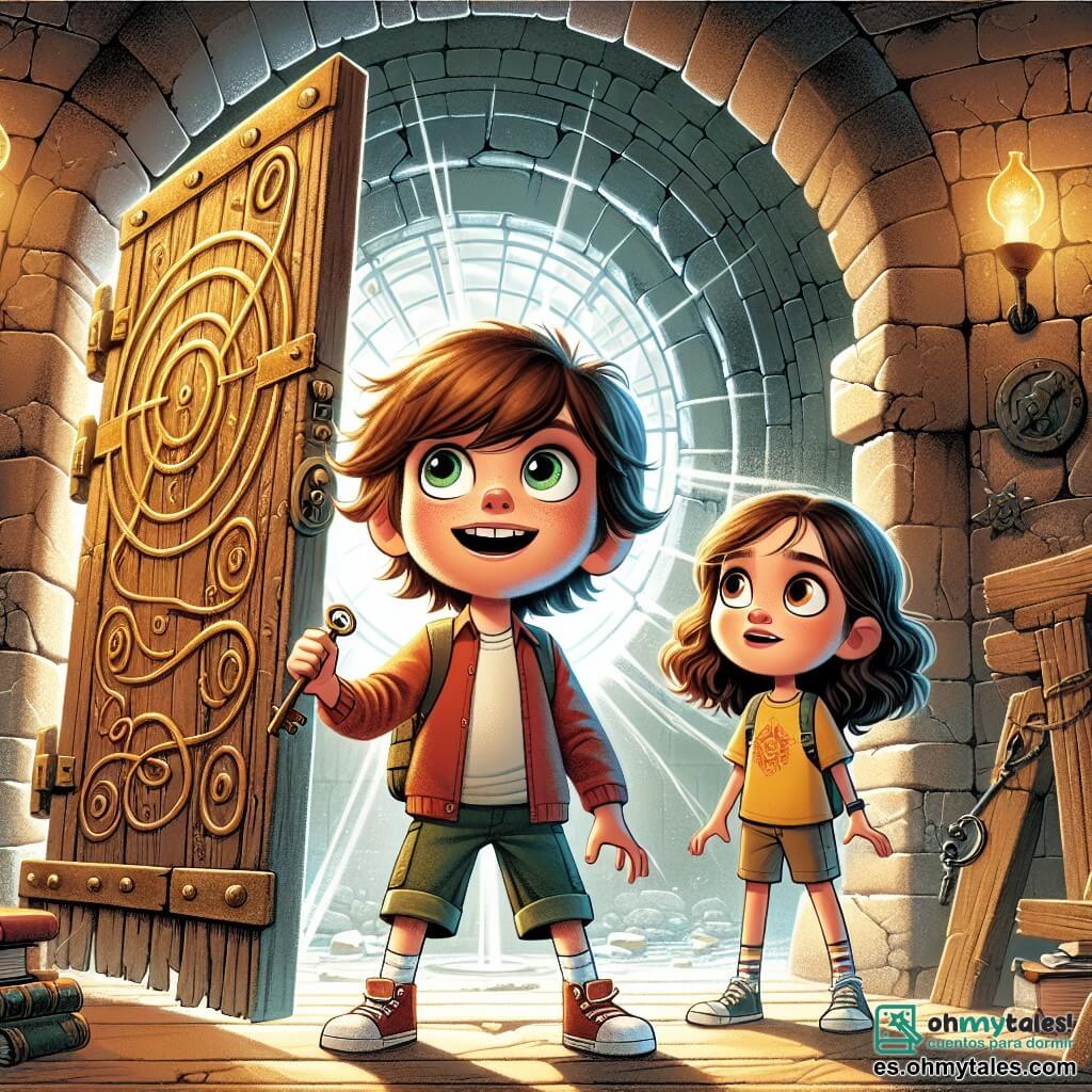 Un chico de 10 años, Lucas, con cabello castaño desordenado y ojos brillantes de curiosidad, se encuentra frente a una gran puerta de madera antigua, decorada con símbolos misteriosos. Muestra una expresión de asombro y emoción, sosteniendo una pequeña llave de metal en su mano. A su lado, su mejor amiga Sofía, una niña de 10 años con cabello largo y rizado, vestida con una camiseta colorida y un short, observa la puerta con una mirada decidida, lista para ayudarlo en esta aventura. El lugar es una sala subterránea espaciosa, iluminada por rayos de luz que filtran a través de un techo de vidrio roto, revelando paredes de piedra adornadas con mosaicos antiguos. Artefactos olvidados, como libros polvorientos y herramientas antiguas, están esparcidos a su alrededor, añadiendo una atmósfera de misterio y exploración. La situación principal muestra a Lucas y Sofía frente a la puerta misteriosa, listos para abrirla y descubrir los tesoros ocultos detrás, simbolizando el espíritu de aventura y curiosidad de los pequeños exploradores.