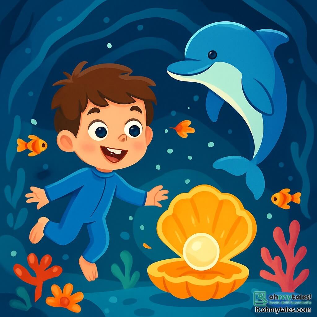 Un ragazzo di 6 anni, con capelli castani e occhi pieni di curiosità, indossa una muta da sub blu. Nuota felicemente nell'acqua, un grande sorriso illumina il suo viso, meravigliato dalla bellezza sottomarina che lo circonda. Accanto a lui, un delfino maestoso, con squame brillanti e pinne eleganti, fa salti agili, sembrando invitare il ragazzo a seguirlo. Lo scenario è una caverna sottomarina magica, con coralli colorati a forma di fiori, pesci scintillanti che nuotano intorno a loro, e una luce dorata che emana da una conchiglia gigante sul fondo della grotta. La scena principale mostra il ragazzo e il delfino che scoprono insieme la perla magica all'interno della conchiglia, catturati dalla sua bellezza splendente.