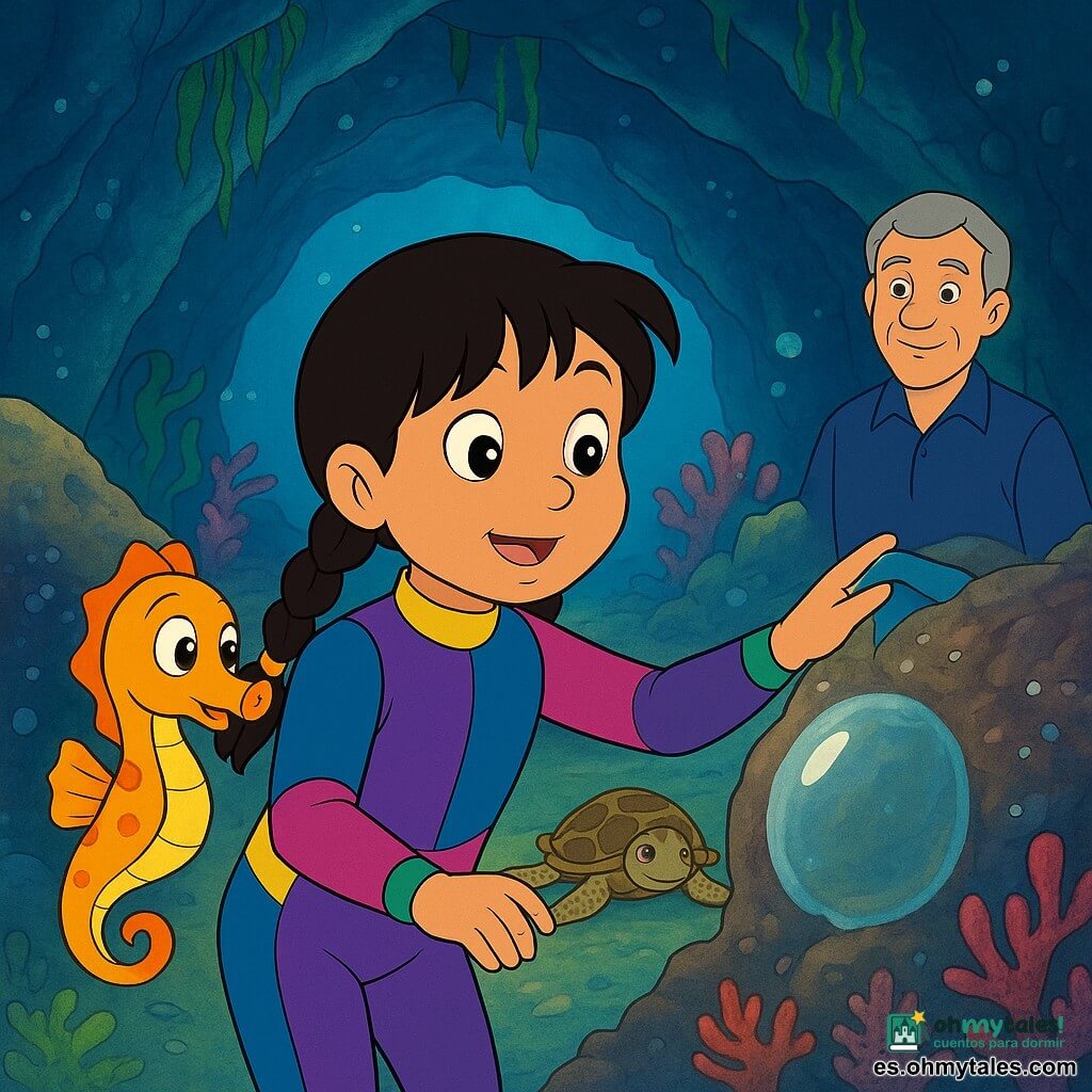 Una niña de 8 años de rostro redondo y trenzas negras, mirada maravillada, vestida con un traje de buceo colorido, extiende la mano para fijar una pequeña banda de tela azul en una roca junto a una burbuja de aire; Tiko, un caballito de mar naranja y amarillo de ojos curiosos, flota cerca con la cola en espiral; el profesor Coral, hombre de unos 50 años con cabello gris corto y bata azul, sonríe desde la entrada de la cueva a unos metros; una tortuga marina de caparazón manchado espera junto a un arco de coral al fondo; la cueva submarina tiene paredes cubiertas de conchas brillantes y algas colgantes, agua azul translúcida con burbujas plateadas; la escena muestra el descubrimiento del domo de aire: una burbuja clara atrapada en la roca, superficie lisa que refleja luz dorada, la niña lo admira y marca sin dañar la cueva.