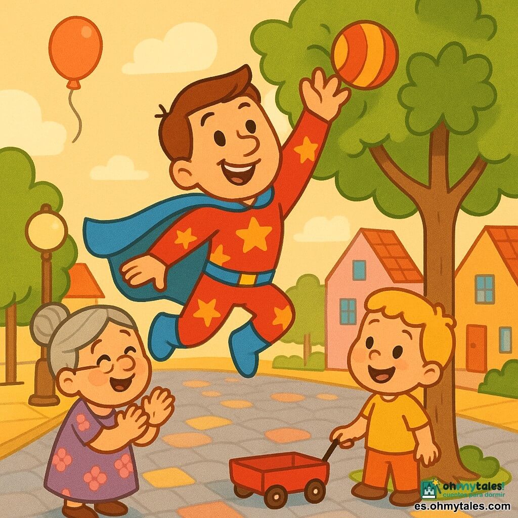 Un hombre superhéroe sonriente y bondadoso, pelo corto castaño, gran capa azul, traje rojo con estrellas amarillas y zapatos luminosos, salta para alcanzar una pelota en un árbol; la señora Gata, mujer pequeña de cabello gris en moño y vestido de flores, aplaude alegre al pie del árbol mirando al héroe; un niño de unos 4 años con peluche de pato llamado Paco, pelo rubio y ropa amarilla, sostiene un carrito rojo junto al héroe; calle urbana colorida con suelo empedrado, casas pastel, farolas redondas, árboles de follaje redondo y un globo flotando; escena principal: el héroe recupera la pelota mientras la anciana aplaude y el niño sonríe, luz suave de tarde, ambiente alegre y seguro; estilo: colores vivos, contornos gruesos, expresiones exageradas, texturas simples y formas redondeadas, composición centrada en el héroe en acción.
