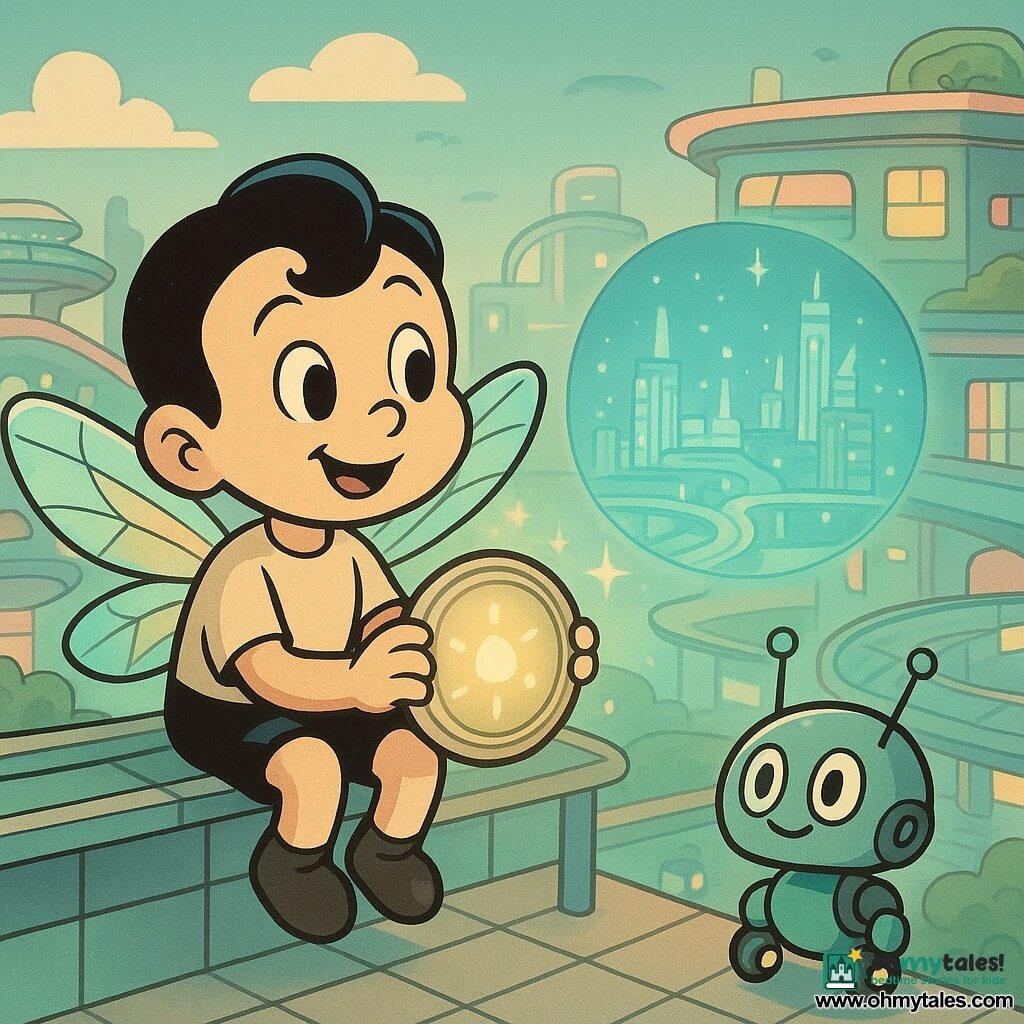 A round-faced, expressive winged child (small mechanical angel) with stained-glass translucent wings, a curious smile and bright eyes sits on a tiled balcony holding a glowing metal circle-map; a small talking flat shiny metal map-circle with luminous letters floats before the child projecting a hologram of the city and three sparkling points, while a compact delivery drone with rounded body, alert antennas and a blinking green light rests nearby; the scene is a high futuristic city of glass-and-metal balconies, curved skywalks, lush rooftop gardens and transparent maglev trains, pastel colors with soft neon and small lights, evoking wonder and a gentle mission in a clear, centered retro-cartoon style with fluid lines, rounded shapes and a pastel palette with metallic accents.