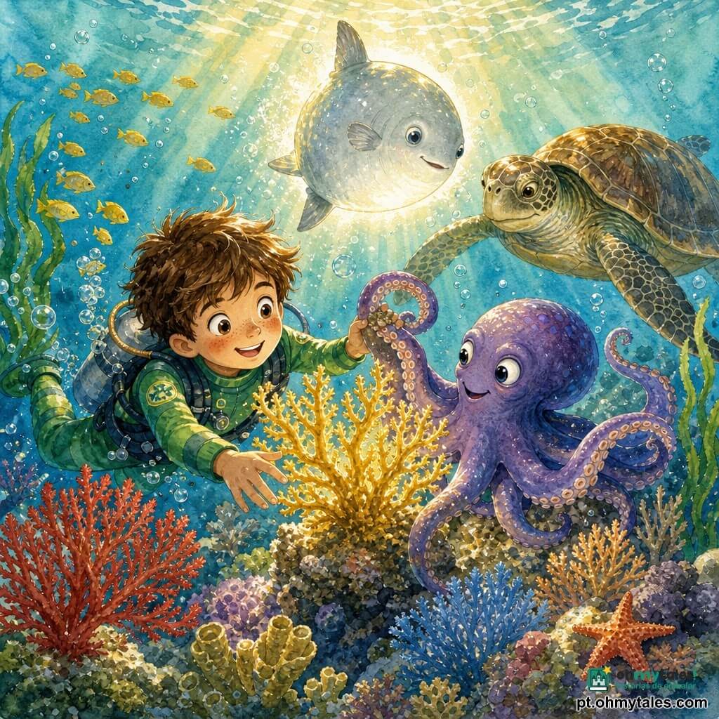 Um menino de 8 anos, rosto redondo com sardas, cabelo castanho desgrenhado e traje de mergulho verde, sorri e estende a mão para um grande coral dourado no centro do recife; ao seu lado, um polvinho amigável roxo com reflexos azuis enrola um tentáculo para ajudar, uma velha tartaruga marinha de carapaça marrom e verde nada lentamente ao fundo à direita observando com calma, e um peixe-lua prateado flutua acima emitindo um brilho nacarado que incentiva; o recife é colorido com corais em leque vermelhos, azuis e amarelos, algas verde-escuro, cardumes de peixinhos amarelos, bolhas prateadas e raios dourados filtrando a água turquesa, criando uma cena dinâmica, alegre e mágica com texturas e reflexos nítidos.