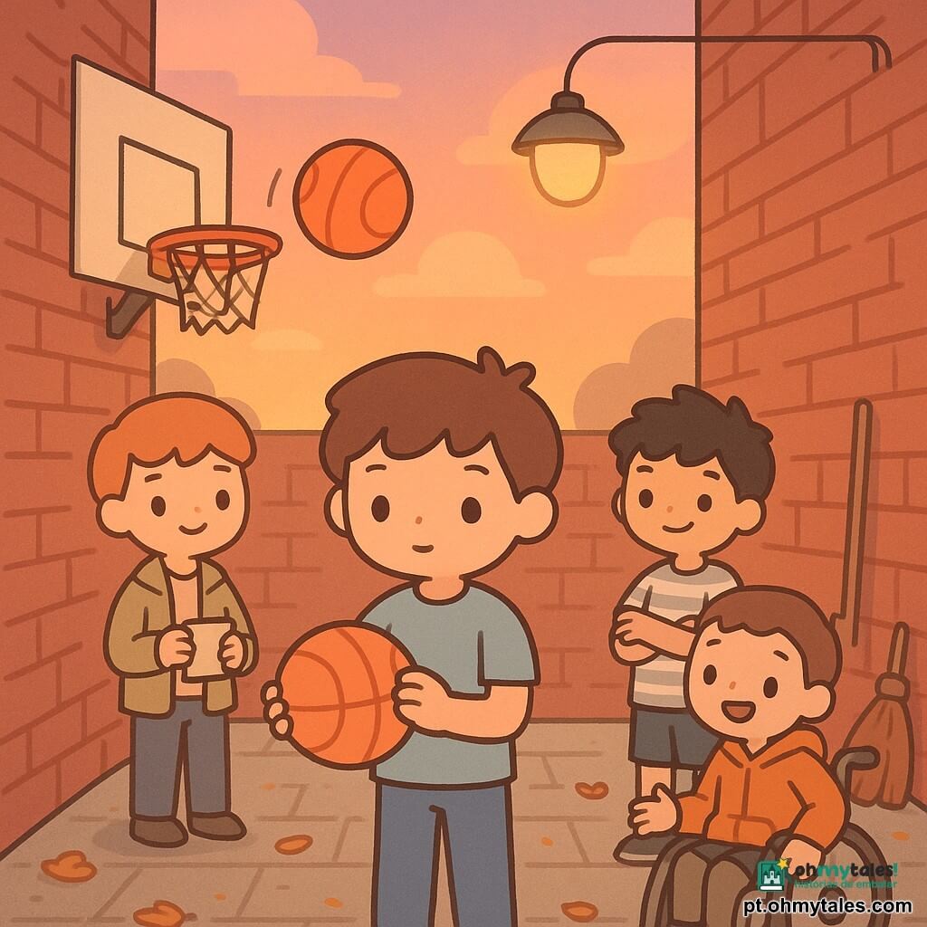 Quatro crianças de 12 anos numa pequena cour entre prédios de tijolo: Tomás, cabelo castanho despenteado, camiseta azul clara, segura a bola de basquete no centro após marcar; Rafa, cabelo curto ruivo, jaqueta kaki, sorri segurando uma folha dobrada à esquerda; Gui, cabelo preto em pontas, camiseta às riscas, braços cruzados com sorriso maroto à direita do cesto; Nuno, cabelo curto, veste com capuz, numa cadeira de rodas estilizada empurrando a roda com energia à direita e um pouco à frente. Ambiente ao entardecer com chão de lajes gastas e folhas, cesta com rede rasgada num muro, vassoura encostada e poste lançando luz laranja suave; a bola atravessa a rede, expressões de incentivo e gestos amigáveis, atmosfera quente e acolhedora de solidariedade e pequena vitória sobre o medo, traços simples e cores quentes.