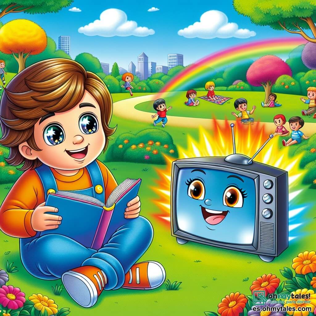 Leo, un niño curioso de 6 años con cabello castaño desordenado y ojos brillantes de alegría, está sentado en la hierba verde del parque, sonriendo ampliamente y sosteniendo un libro colorido en sus manos. A su lado, Pantallín, un televisor sonriente con una gran pantalla de colores vivos, emite una luz suave y cálida, mostrando gran orgullo y felicidad. El parque está lleno de flores brillantes, árboles majestuosos y un cielo azul claro con nubes blancas esponjosas. Niños juegan al fondo, riendo y corriendo, mientras familias hacen picnic sobre mantas coloridas. La escena principal muestra a Leo y Pantallín compartiendo un momento de descubrimiento, donde Leo lee en voz alta una historia emocionante, mientras Pantallín lo anima con destellos de luz alegres, ilustrando la importancia del equilibrio entre el tiempo de pantalla y las aventuras al aire libre.