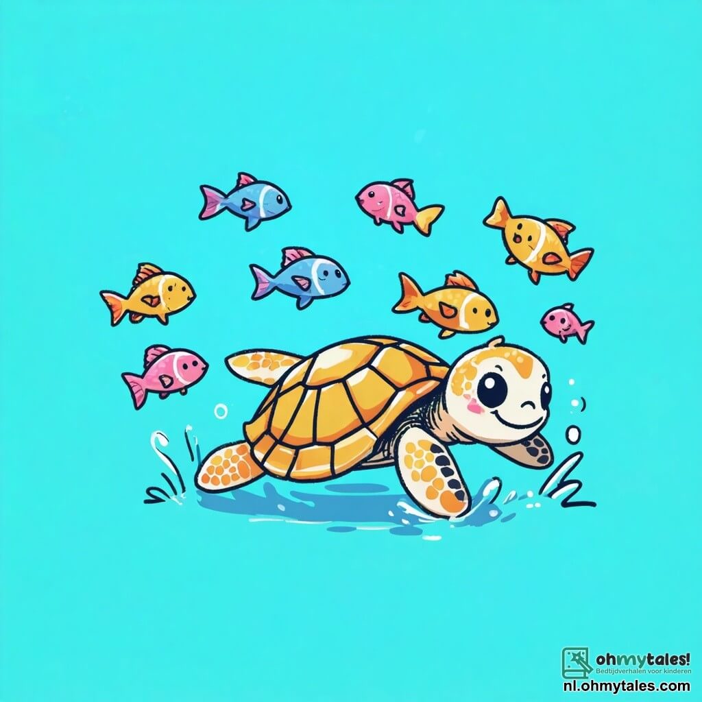 Een klein zeedier, een schattige kleine schildpad met een kleurrijk schild en glanzende ogen, zwemt vrolijk in turquoise water, met een grote glimlach van geluk en vastberadenheid. Naast hem moedigt een jonge zee ster met stralend roze armen en een glimlachend gezicht hem aan door haar armen te zwaaien, vol enthousiasme en steun. Een groep kleurrijke vissen in levendige tinten van blauw, geel en oranje kijkt bewonderend toe, terwijl ze om hen heen drijven in een aquatische dans. De scène speelt zich af in een prachtig koraalrif, waar de kleurrijke koralen een levendig onderwaterlandschap vormen, verlicht door zonnestralen die door het wateroppervlak filteren. De hoofdactie toont de schildpad en de zee ster die samen spelen in een vriendschappelijke race, en vieren de vreugde van vriendschap en de schoonheid van diversiteit, terwijl de andere zeedieren hen enthousiast aanmoedigen.