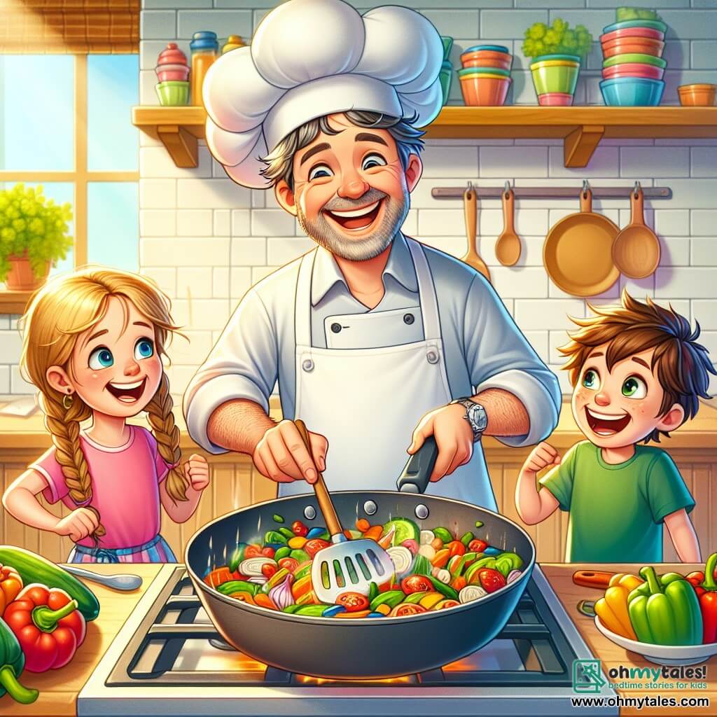 A cheerful chef, a man in his fifties wearing a large white hat and a colorful apron, has slightly graying brown hair and a broad smile. He is mixing colorful vegetables in a large pan, looking happy and excited. Next to him, an 8-year-old girl named Lily, with braided blonde hair and sparkling eyes, holds a spatula and watches the chef in awe. She is wearing a pink t-shirt and blue pants. A 7-year-old boy named Sam, with messy brown hair and glasses, stands beside her, laughing as he mimics the sound of the dancing vegetables in the pan, wearing a green t-shirt and shorts. The scene takes place in a bright, welcoming kitchen filled with colorful pots, shiny utensils, and fresh vegetables on a large wooden countertop. Sunlight streams through the window, creating a warm atmosphere. In this illustration, the chef and the children are having fun preparing a delicious dish, sharing laughter and joy in a moment of culinary bonding.