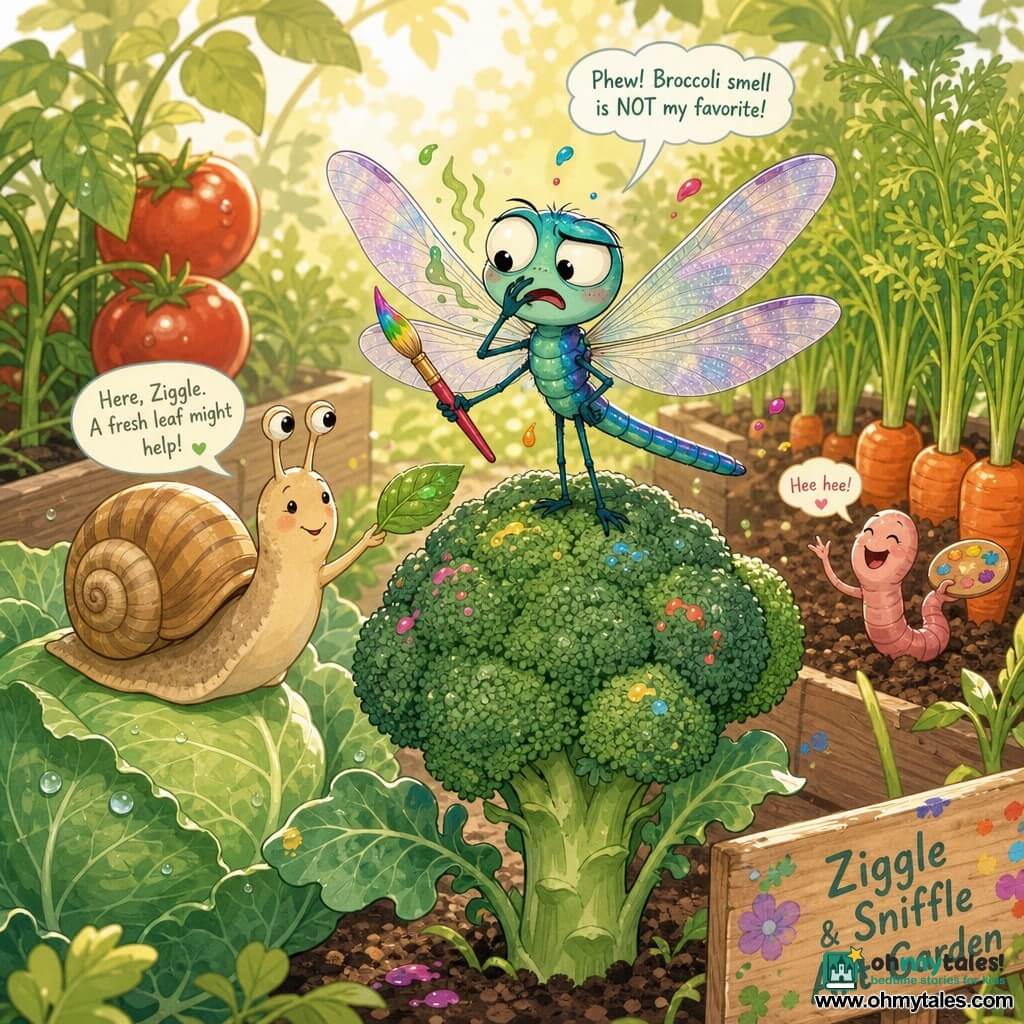 Ziggle, a small painter dragonfly, is centered: iridescent teal body, large translucent wings with purple sheens, round expressive eyes and a slightly disgusted puzzled pout, holding a tiny multicolored paintbrush while perched on a large broccoli head. Sniffle, a friendly snail, is to the left on a cabbage leaf; beige striped shell, calm smile and attentive eyes, offering a leaf in comfort. A comical pink earthworm in the background near a row of carrots chuckles and waves a tiny paint palette. The setting is a bright morning vegetable garden with light wooden beds, shiny red tomatoes, vivid orange carrot rows, dewy green leaves, patches of brown soil and golden light filtering through; the scene shows Ziggle reacting to the smell of broccoli with a curious-disgusted expression as colorful paint droplets float around, Sniffle comforting him—centered composition, warm colors, soft textures, childlike cartoon style.