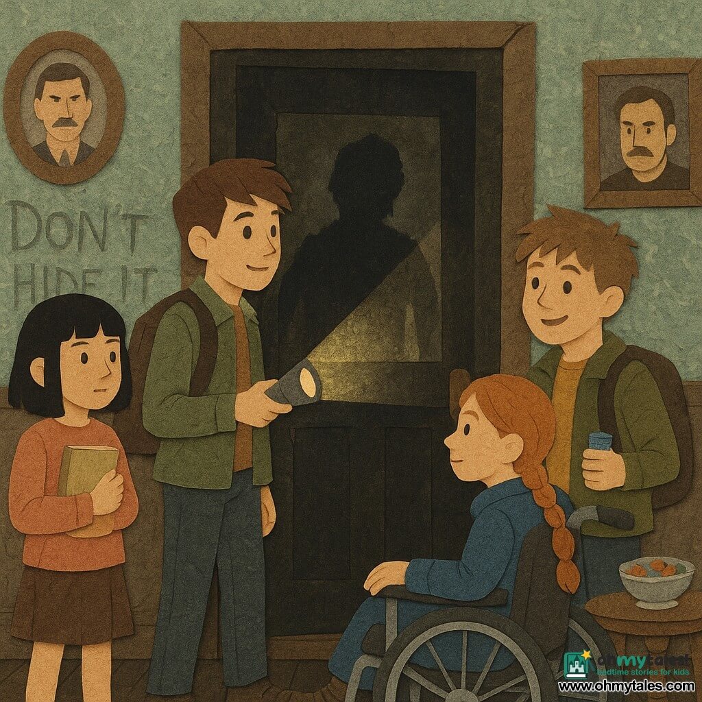 Four children: Mina, 11, black bob, beige notebook held like a talisman, standing left in front of a wooden door; Jay, 12, tousled chestnut hair, khaki jacket, nervous smile, right by a wheelchair wheel, pressing a wrapped candy and looking at the door; Rowan, 12, tall and sturdy, short brown hair, backpack, flashlight on, center front illuminating the threshold; Tess, 11, red braided hair, blue coat, in a wheelchair at the entrance, gently pushing toward the door. Interior porch of an old damp stone house: worn gray-green wallpaper, stern portrait frames, silver candy bowl on a carved wooden table, tarnished mirror above a black door, dark floorboards with reflected light. Tense nighttime scene: the partly open black door lit by Rowan’s warm torch revealing a jagged shadow reflected in the mirror, “DON’T HIDE IT” scratched into the wallpaper, strong contrast between warm torchlight and bluish shadows, collage-like torn edges and layered textures.
