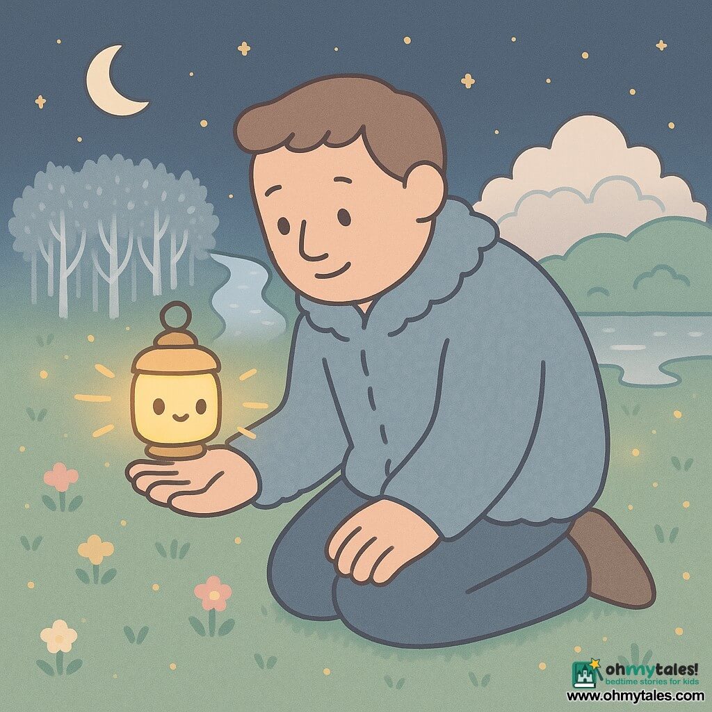 An adult man named Edwin, tall with broad soft hands, kneels in grass wearing a plush gray-blue coat, delicately holding a small glowing lantern that feels like a friendly character emitting warm honey light and floating above his palm with tiny glowing eyes; in the background three distinct paths lead to a silvery forest of slender trees with shimmering leaves, a sleepy river with milky reflections, and a cloudlike hill beneath a velvety midnight-blue sky sprinkled with small round stars and a pale crescent moon; textured green grass with pastel flowers and scattered fireflies; Edwin and the lantern softly illuminate the paths, casting golden ribbons on the grass; palette: soft pastels, fine rounded outlines, warm magical mood.