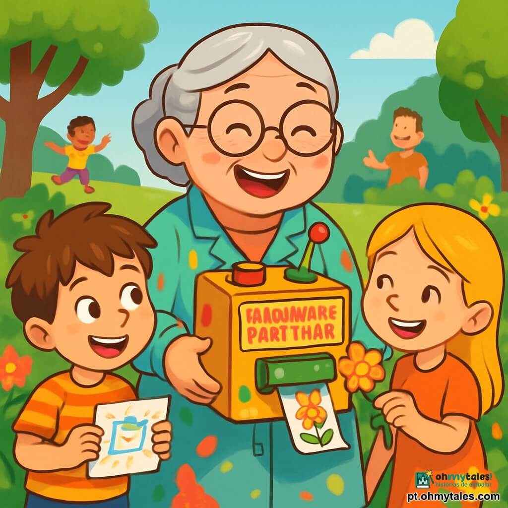 Dona Inês, uma mulher idosa com cabelos grisalhos e óculos redondos, sorri alegremente enquanto segura um protótipo de sua "Máquina de Compartilhamento de Sorrisos". Ela usa um jaleco colorido, manchado de tinta, e seus olhos brilham de excitação e orgulho. Ao seu lado, Pedrinho, um menino de 8 anos com cabelos bagunçados e uma camiseta listrada, observa a máquina com admiração, segurando um desenho que fez. Ana, uma menina de 7 anos com cabelos longos e loiros, se aproxima com um grande sorriso, segurando uma flor que colheu para adicionar à máquina. A cena acontece em um jardim ensolarado, repleto de flores vibrantes e árvores verdes, com crianças brincando e adultos sorrindo ao fundo, criando uma atmosfera alegre e amigável. Dona Inês apresenta orgulhosamente sua máquina, cercada pelas crianças, enquanto uma pequena flor colorida sai da máquina com uma mensagem de felicidade, simbolizando o espírito de compartilhamento e amizade.