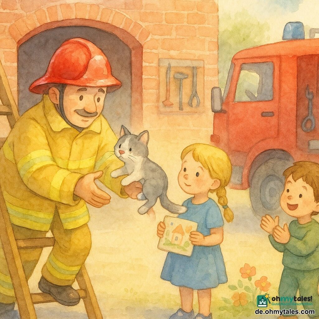 Ein lächelnder, wohlwollender Feuerwehrmann um die vierzig mit rundem Gesicht und feiner Schnurrbart, in großer gelber Reflektorjacke und rotem Helm, steigt eine Holzleiter hinab, um ein grau-weißes Kätzchen einem etwa sechsjährigen Mädchen mit blonden Zöpfen und blauem Kleid, das ein kleines buntes Bild hält, zu übergeben; ein etwa fünfjähriger Junge mit kurzen braunen Haaren und grüner Hose klatscht freudig nahe dem roten Feuerwehrauto; im Vordergrund eine große Feuerwache aus roten Backsteinen mit offener roter Tür, Morgenlicht, kleine Blumen am Bürgersteig; warme, sichere Szene in pastelligen Aquarelltönen mit weichen Konturen.