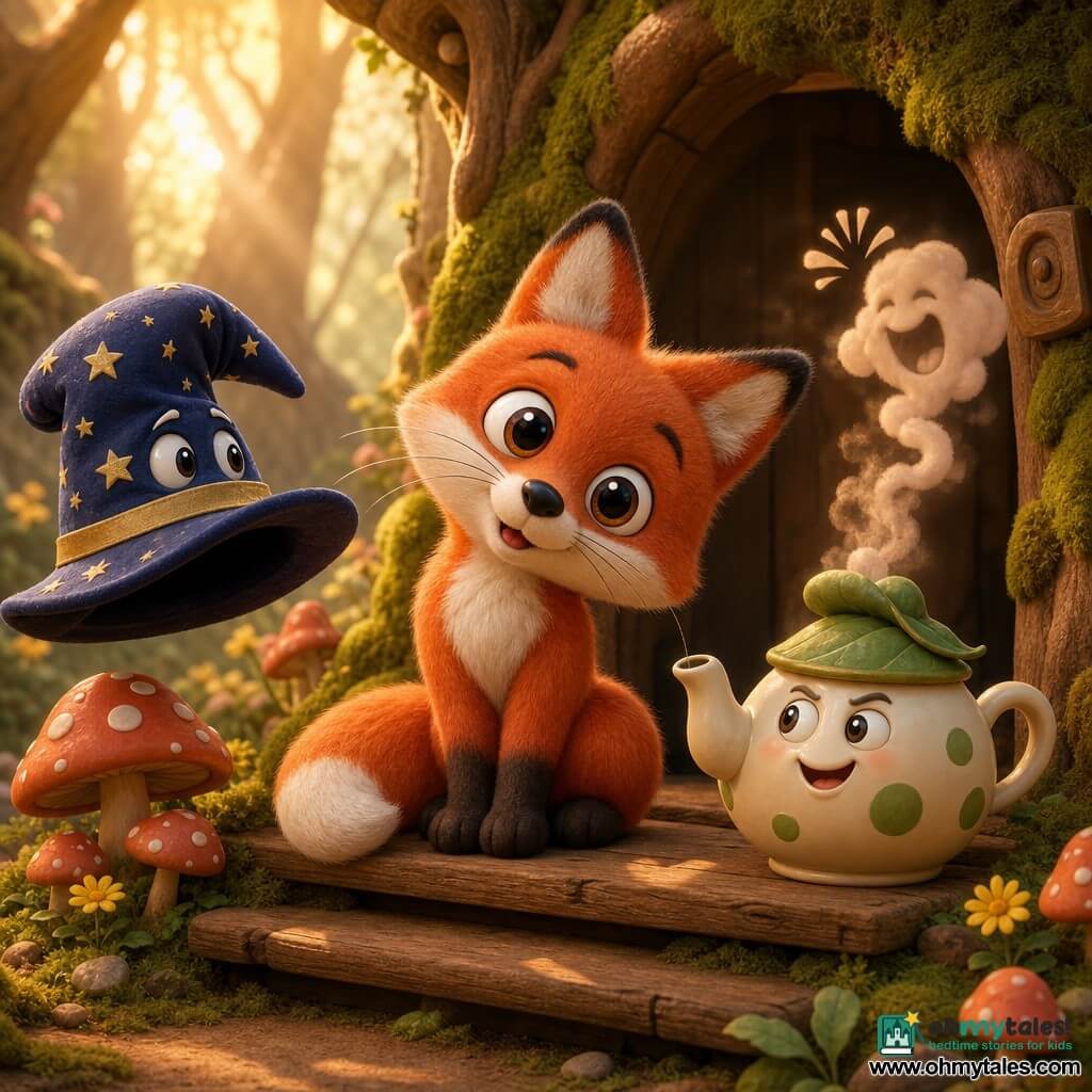 A smiling, surprised small red fox figurine with shiny round eyes, soft plush fur and long whiskers sits on a wooden step tilting its head; a small living teapot rests beside it—round, shiny cream with green spots, wearing a leaf as a hat and emitting fragrant cinnamon steam that forms playful shapes and visual giggles, with a mischievous expression; a dark blue wizard hat with gold stars floats to the fox’s left, empty inside and drifting lost-curious; the scene is at the entrance to an enchanted forest with twisted trunks, thick green moss, red-and-white spotted mushrooms and small yellow flowers, bathed in golden morning rays, evoking a comic, magical mood with warm colors and matte toy-like textures.