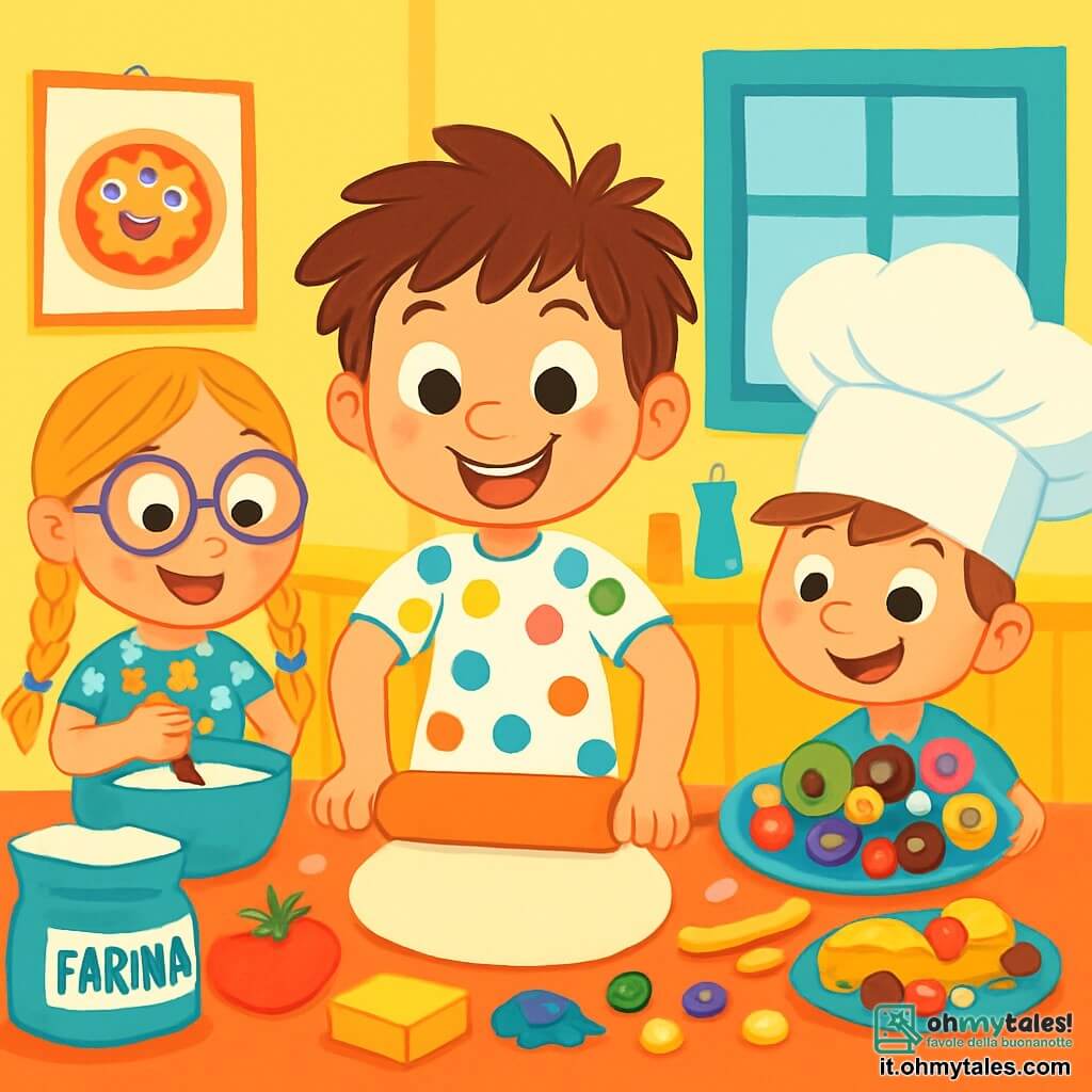 Ci sono 3 personaggi: Gigi, un ragazzo di 6 anni con capelli castani disordinati, un grande sorriso e una maglietta a pois colorati, è al centro con un mattarello pronto a stendere la pasta per la pizza. Lalla, una ragazza di 6 anni con lunghe trecce bionde, occhiali rotondi e un vestito a fiori, è a sinistra di Gigi mentre mescola ingredienti in una grande ciotola con espressione gioiosa. Tommaso, un ragazzo di 6 anni con capelli castani e un cappello da chef troppo grande, è a destra di Gigi con un piatto pieno di guarnizioni strane, come olive giganti e caramelle colorate, con uno sguardo malizioso. La scena si svolge nella cucina di Gigi, colorata con pareti gialle e poster di pizze divertenti. Sulla tavola ci sono ingredienti sparsi: farina, pomodori, formaggio e guarnizioni strane. I tre amici stanno creando la loro "Pizza Pazza", ridendo mentre aggiungono ingredienti stravaganti come patatine fritte e caramelle, mentre la pasta per la pizza prende forma.