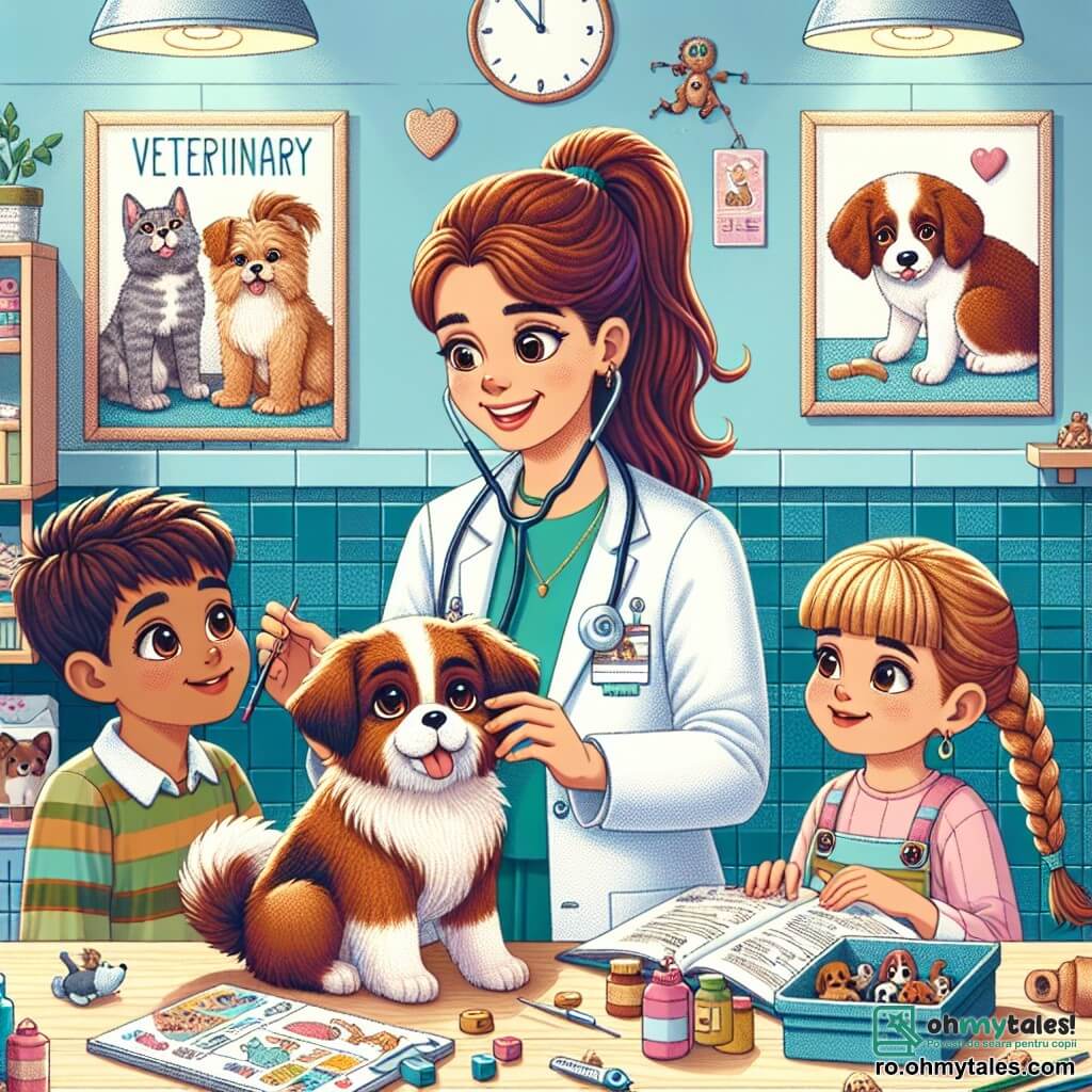 Veterinara, Dr. Elena, este o femeie de aproximativ treize ani, cu părul lung castaniu prins într-o coadă de cal. Poartă un halat alb, zâmbind cu bunătate, în timp ce examinează un cățel mic pe nume Max, un pui adorabil cu ochi strălucitori și blană maro și albă. Lângă ea, Andrei, un băiat de 11 ani cu părul brun zbârlit, observă cu fascinație, având ochii mari, ținând un stetoscop din plastic. Maria, o fetiță de 10 ani cu împletituri blonde, stă puțin mai retrasă, ținând un carnet de schițe, pregătită să deseneze scena. Scena se desfășoară într-o clinică veterinară luminoasă și primitoare, cu pereți vopsiți în albastru pastel, afișe cu animale zâmbitoare și jucării împrăștiate pe podea. Câteva cuști transparente adăpostesc animale în așteptarea adopției, adăugând o notă de viață mediului. Situația principală o arată pe Dr. Elena pregătind pe Max pentru o operație, explicând copiilor importanța îngrijirii veterinare, în timp ce Andrei și Maria ascultă cu atenție, captivați de pasiunea veterinarei pentru animale.