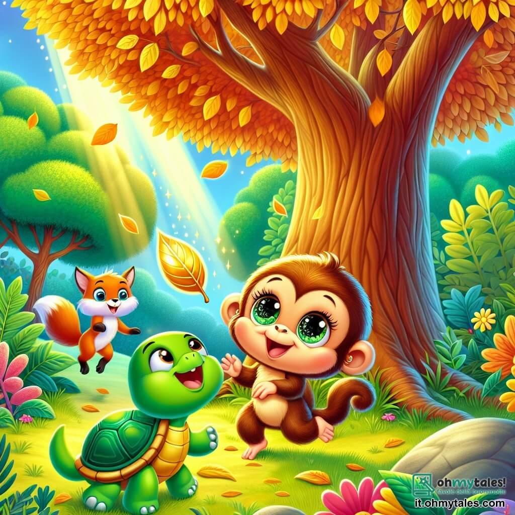 Una piccola scimmia di nome Mimi, con pelliccia marrone dorato e grandi occhi brillanti di curiosità, salta gioiosamente vicino a un maestoso albero. Sorride luminosamente, tenendo una foglia dorata tra le sue piccole zampe. Accanto a lei, una tartaruga di nome Tino, con un guscio verde e occhi saggi, osserva attentamente seduta su una roccia liscia, mentre una piccola volpe chiamata Lila, con pelliccia rossa vivace e una coda folta, corre intorno a loro piena di energia. Il paesaggio è una foresta lussureggiante, piena di alberi con foglie brillanti e fiori colorati, con un dolce raggio di sole che filtra tra i rami. Al centro della scena, un grande albero con foglie dorate brilla come un tesoro, circondato da un prato verde. Mimi, Tino e Lila scoprono insieme l'albero magico, meravigliati dalla bellezza della foglia dorata e impazienti di ascoltare le storie che l'albero ha da raccontare.