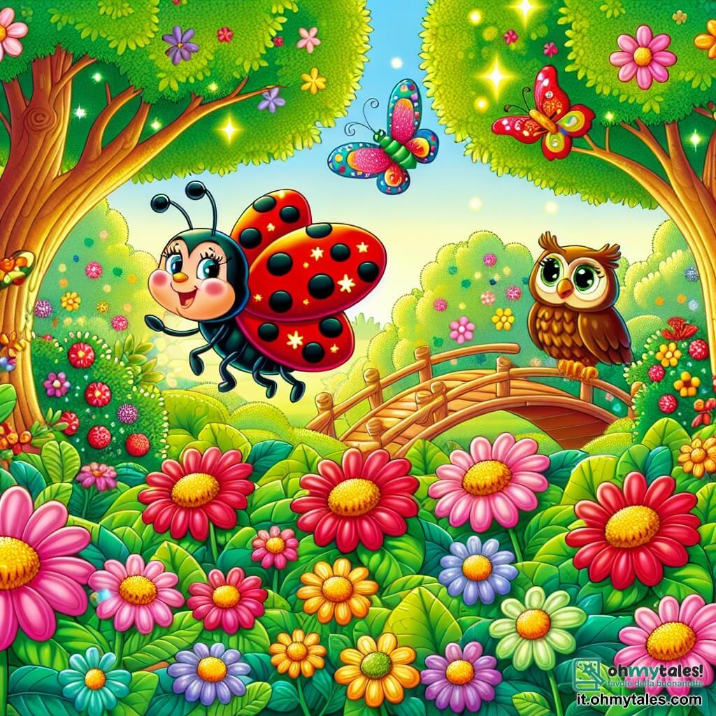 Una piccola coccinella di nome Lilli, con un brillante guscio rosso punteggiato di piccoli punti neri, vola felicemente sopra un ponte colorato fatto di foglie e rametti, il suo viso radioso di felicità ed eccitazione. Accanto a lei, una farfalla dalle ali multicolori, Carla, danza nell'aria, aggiungendo un tocco di magia alla scena, mentre un saggio gufo, Tino, posato su un ramo, osserva con un sorriso benevolo, le sue piume marroni e i suoi grandi occhi rotondi brillanti d'intelligenza. Il luogo è un giardino incantevole, pieno di fiori vivaci, grandi alberi verdi e una dolce luce dorata che filtra attraverso le foglie. La situazione principale mostra Lilli e i suoi amici, uniti in uno sforzo gioioso per costruire un ponte solido per aiutare le formiche, simboleggiando amicizia e cooperazione in un contesto vibrante e fiabesco.