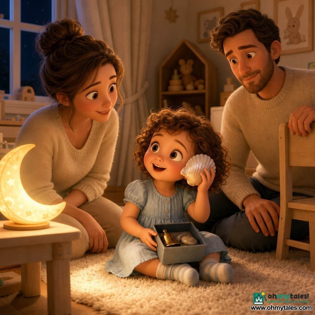 A joyful 2-year-old girl with short curly brown hair, round cheeks and bright eyes sits on a cream plush rug in a light-blue cotton dress and striped socks, holding an open small blue box; her ~28-year-old mother with soft features and a loose bun kneels beside her, holding a shell to the child's ear, while the ~30-year-old father with a light beard and beige sweater sits slightly back with a protective hand on a small chair; the warm cream-walled room has a lamp casting a golden moon-shaped light, wooden toys on a shelf and a light curtain at the window, and the girl, lit by the lamp, discovers a shiny bell, a pearly shell and a smooth pebble and listens to the shell with a look of wonder.