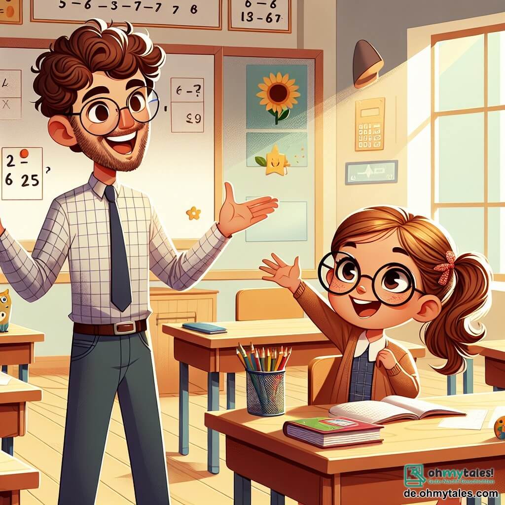 Ein Lehrer, ein etwa dreißigjähriger, lächelnder und herzlicher Mann, steht vor einer bunten Klasse. Er hat leicht lockige braune Haare, trägt eine Brille und ein kariertes Hemd. Mit Begeisterung erklärt er ein mathematisches Konzept und öffnet die Arme, um die Aufmerksamkeit der Kinder zu fesseln. Mia, ein achtjähriges Mädchen mit großen runden Brillen und braunen Haaren, die zu zwei Zöpfen gebunden sind, sitzt an ihrem Tisch mit leuchtenden Augen vor Aufregung. Sie hebt die Hand, um eine Frage zu stellen, ihr Gesicht strahlt Neugier aus. Die Klasse ist mit Holztischen, an den Wänden hängenden Bildungsplakaten und einem Fenster, das Sonnenlicht hereinlässt, gefüllt. Stifte und Bücher sind auf den Tischen verteilt, was eine fröhliche und lernreiche Atmosphäre schafft. Die Hauptsituation zeigt den Lehrer, der die Schüler ermutigt, aktiv teilzunehmen, während Mia, voller Enthusiasmus, sich darauf vorbereitet, ihre Ideen zur Mathematik zu teilen, was den Geist des Lernens und der Kameradschaft in der Klasse verdeutlicht.