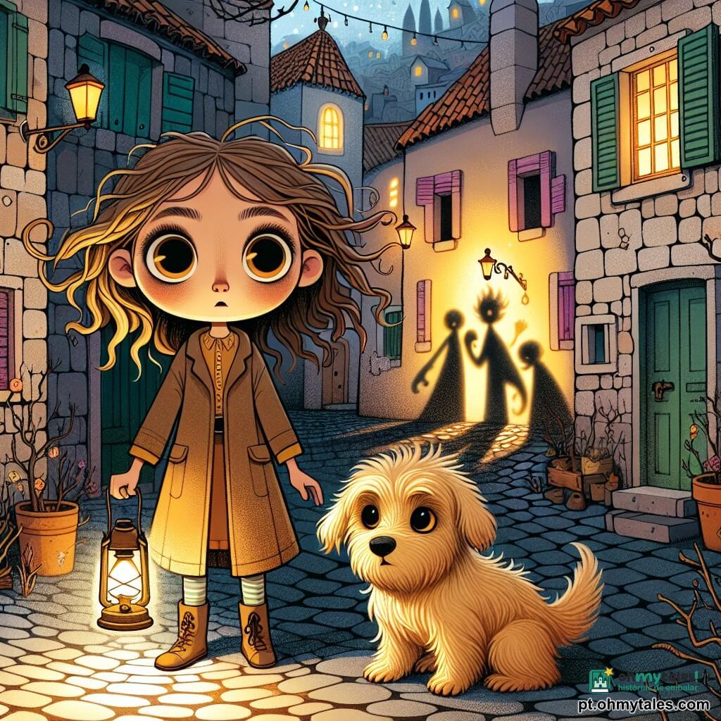 Uma menina de 10 anos, Clara, com grandes olhos curiosos e cabelos castanhos bagunçados, está diante de um velho fotoforo. Seu rosto expressa uma determinação corajosa, enquanto segura uma lanterna na mão, iluminando seu caminho. Ao seu lado, seu cachorro, Lume, um pequeno filhote de pelos dourados, cheira o chão com uma expressão de excitação. O local é uma rua de paralelepípedos da cidade antiga, cercada por casas de pedra com janelas coloridas, banhadas por uma luz suave e misteriosa, enquanto sombras dançam ao seu redor. A cena principal mostra Clara, pronta para descobrir o segredo do fotoforo que se acende misteriosamente, iluminando as silhuetas dançantes dos guardiões das chamas que emergem das sombras, criando uma atmosfera mágica e ligeiramente assustadora.
