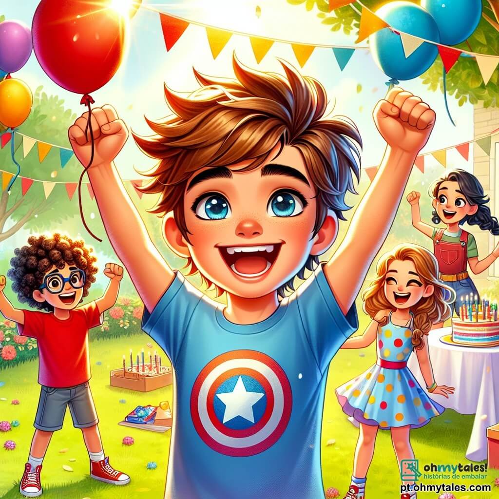 Um garoto de 12 anos, Lucas, está no centro do palco, com um grande sorriso no rosto e os olhos brilhando de excitação. Ele tem cabelos castanhos bagunçados, usa uma camiseta azul com um desenho de super-herói e um short vermelho. Seus braços estão levantados em sinal de alegria, como se anunciasse o início de sua festa de aniversário. À sua direita, sua melhor amiga Ana, uma menina de 11 anos, tem longos cabelos loiros trançados e usa um vestido colorido de bolinhas. Ela está pulando de alegria, com os braços levantados, olhando maravilhada para Lucas. À sua esquerda, Pedro, um garoto de 12 anos com óculos e cabelos negros, segura um balão em forma de estrela e sorri amplamente, pronto para participar dos jogos. A cena acontece em um jardim ensolarado, cheio de balões coloridos flutuando no ar, guirlandas de papel penduradas nas árvores e uma grande mesa decorada com um magnífico bolo de chocolate no centro. Flores vibrantes e uma árvore majestosa acrescentam um toque de magia ao ambiente. Lucas, cercado por seus amigos, anuncia com entusiasmo o início da caça ao tesouro, enquanto um pássaro colorido sobrevoa a cena, adicionando um toque de encanto a esse momento festivo.