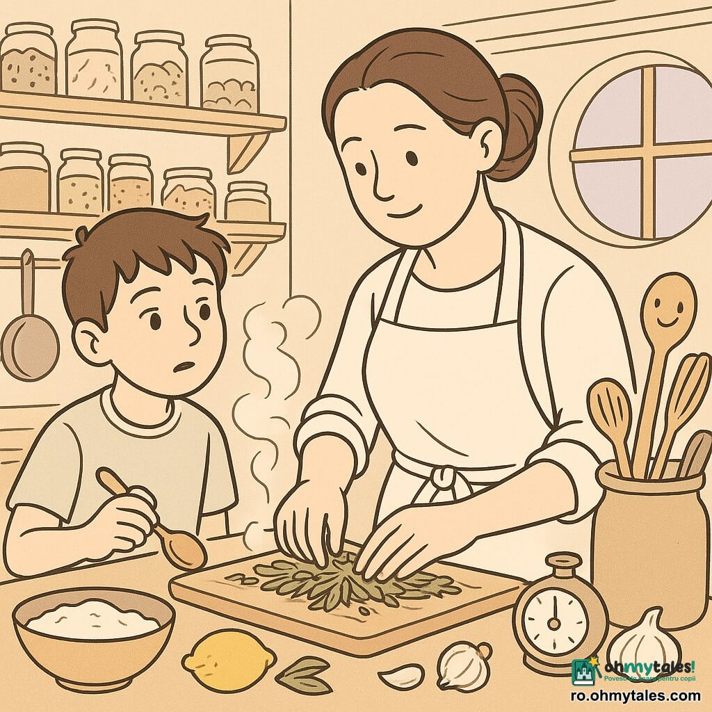 Chef Mara este o femeie adultă cu față rotundă și ochi blânzi, expresie calmă și concentrată, poartă un mare șorț alb, părul șaten prins în coc și dă la o parte delicat frunze de plante de pe o planșetă de lemn în mijlocul unei mese mari. Un băiat ucenic de circa 10 ani, cu păr scurt și privire curioasă, stă în stânga mesei, privind atent și ținând o linguriță de lemn. O lingură veche de lemn, ușor antropomorfizată, stă într-un vas cu ustensile la dreapta, ca un tovarăș nemișcat. Bucătăria restaurantului e spațioasă și primitoare, cu rafturi de lemn pline cu borcane, o fereastră rotundă care lasă o lumină violetă, cratițe atârnate și un cronometru analogic pe tejghea. Scena principală: Mara pregătește cina în centru, cu ingrediente strălucitoare întinse (legume lucioase, făină, lămâie), nori de abur și gesturi precise într-o atmosferă calmă și primitoare.