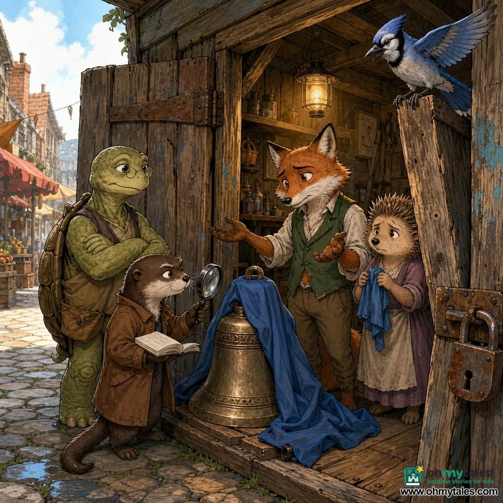 Milo Mink, a small anthropomorphic mink with a determined, focused expression, clean brown coat, notebook in one paw and magnifying glass in the other, leaning over a large bell wrapped in blue cloth in a dim shed; Silas Fox, an elegant fox in a green waistcoat, embarrassed and awkward with a missing button, gesturing by the bell; Hester Hedgehog, a small hedgehog with rounded quills, anxious but remorseful, holding a piece of blue cloth behind Silas; Tansy Tortoise, a sturdy calm tortoise, arms crossed, stern but kind beside Milo as a steady witness; Juniper Jay, a bright blue jay perched on the shed doorframe, alert and ready to fly; setting: narrow cobblestone alley with market stalls visible, weathered wooden shed with an open rusted padlocked door, scattered tools and warm yellow light from the workshop; main situation: discovery of a cracked bell hidden in the shed, honest tension between those who hid it and the young investigators, mood of repair and impending reconciliation; style: clean ink lines, warm colors and visible textures (wood, metal, fabric), readable expressions and dynamic silhouettes.