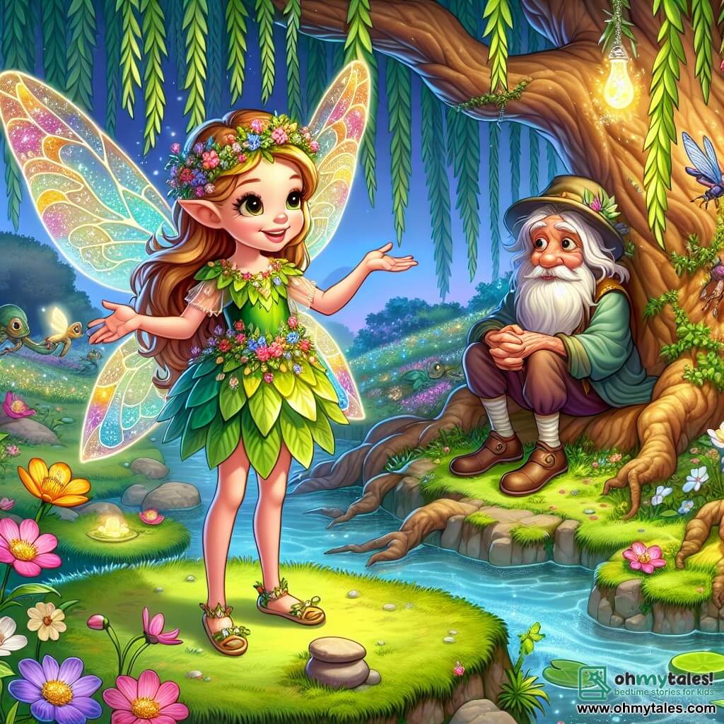 Lira, a small fairy with wings sparkling like dragonfly glass, stands before the great old willow, her face lit by a determined smile and her eyes shining with curiosity. She wears a dress made of colorful flower petals, and a golden feather is delicately tucked behind her ear. Beside her, the Wise Old Toad, an elderly man with wrinkled skin and deep lake-like eyes, sits on a moss-covered stone, watching Lira with a wise and benevolent gaze. The setting is an enchanted glade, where the willow whispers secrets, surrounded by bright flowers and a shimmering stream winding through the green grass. The main scene shows Lira, full of courage, reaching out towards the glowing stone, ready to restore harmony to the world with the charms she has collected.
