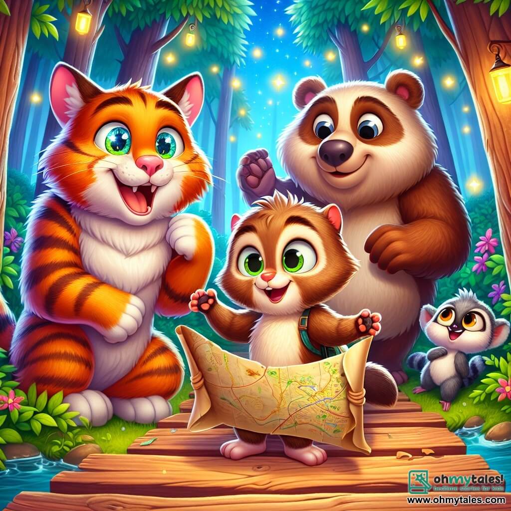 A cat named Whiskers, with sparkling eyes and orange and white striped fur, stands at the center of the scene, showing excitement and curiosity. He holds an old map in his paws, unfolding it enthusiastically. Next to him, Benny the big brown bear, with soft fur and round cheeks, smiles joyfully, while Lola the little gray lemur with big round eyes jumps around them, laughing happily. The setting is an enchanted forest, with tall trees and bright green leaves, shimmering fireflies lighting the path, and a gently murmuring stream nearby. The scene exudes a magical and joyful atmosphere, filled with vibrant colors and fun details. The animals are preparing to cross a wooden bridge made of planks, laughing and sharing jokes, illustrating their friendship and adventurous spirit.