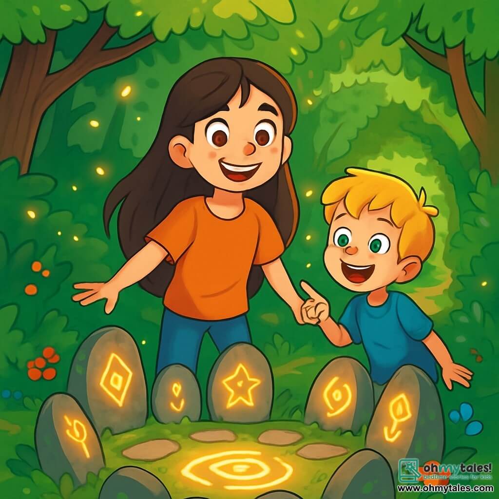 A 12-year-old girl named Lily, with long brown hair and sparkling curious eyes, stands at the center of the scene. She has a broad smile, her cheeks slightly flushed with excitement, as she looks at a circle of mysterious stones engraved with shimmering symbols. Next to her, her 9-year-old brother Ben, with messy blonde hair and eyes shining with wonder, points at a star-shaped stone, his face lit up by the magic of the moment. The setting is an enchanted forest, where sunlight filters through green leaves, creating bright patterns on the moss-covered ground and colorful flowers. Fireflies dance around them, adding a touch of magic to the atmosphere. The main situation shows Lily and Ben discovering a secret path opening before them, surrounded by lush foliage, as they prepare to enter a world of adventure and mystery.