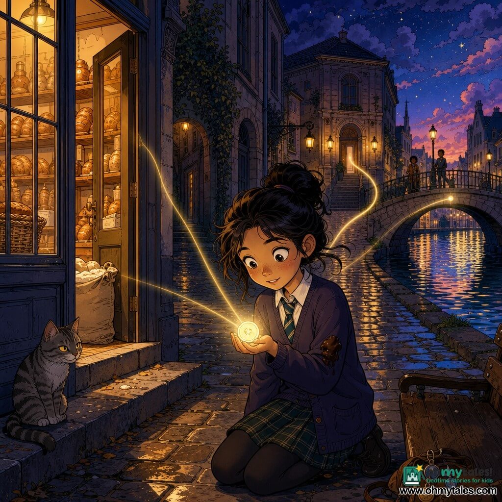 Mira, a young witch with a curious face and wide eyes, kneels by a bench holding a moonlike glowing button; a grey tabby stray with mischievous yellow eyes watches from the bakery steps to the left, the bakery casting warm golden light through an ajar glass door, wet cobbles reflecting lamplight, and a distant small bridge over a canal whose water mirrors a different, shimmering sky; translucent threads of light radiate from the button toward the library door, the alley behind the bakery, and the canal bridge, creating a mysterious, promising atmosphere.
