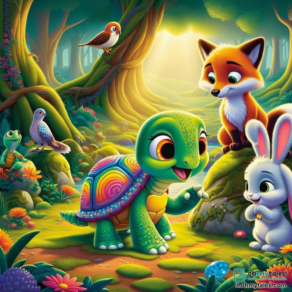 Una tartaruga colorata di nome Tilly, con un bel guscio dai vivaci toni dell'arcobaleno, si trova al centro della scena, mostrando un'espressione di curiosità e determinazione. Accanto a lei, un piccolo coniglio dalle grandi orecchie, con un pelo bianco e morbido, guarda con entusiasmo, pronto ad aiutarla nella sua ricerca. Un usignolo dalle piume brillanti e una volpe astuta, con un pelo arancione vivido, si tengono un po' indietro, osservando la tartaruga con ammirazione. Lo scenario è una foresta incantata, illuminata da una luce dorata, con alberi maestosi dalle foglie verdi e fiori colorati che punteggiano il terreno. In lontananza, una grande roccia coperta di muschio si erge, aggiungendo un tocco di mistero all'ambiente. La situazione principale mostra Tilly intenta a cercare entusiasta intorno alla roccia, alla ricerca dell'anello blu perduto della sua amica lucertola, mentre i suoi amici la incoraggiano e la osservano con speranza.