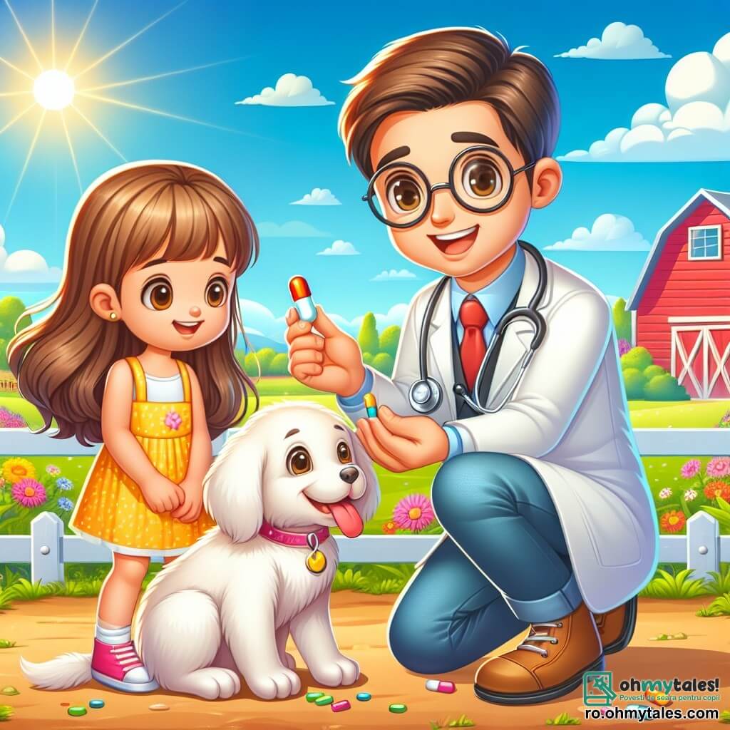 Un veterinar, doctorul Andrei, zâmbitor și binevoitor, poartă un halat alb și un stetoscop la gât. Are părul brun și ochelari rotunzi, fiind așezat lângă un câine cu blană albă, administrându-i o pastilă colorată. Lângă el, o fetiță de aproximativ 8 ani, cu părul lung și ondulat, îmbrăcată într-o rochie galbenă, observă cu curiozitate și zâmbește. În fundal, o fermă pitorească cu grajduri roșii, câmpuri verzi și flori colorate, sub un cer senin și soare strălucitor. Andrei ajută un cățel bolnav, arătându-le copiilor cum să aibă grijă de animale.