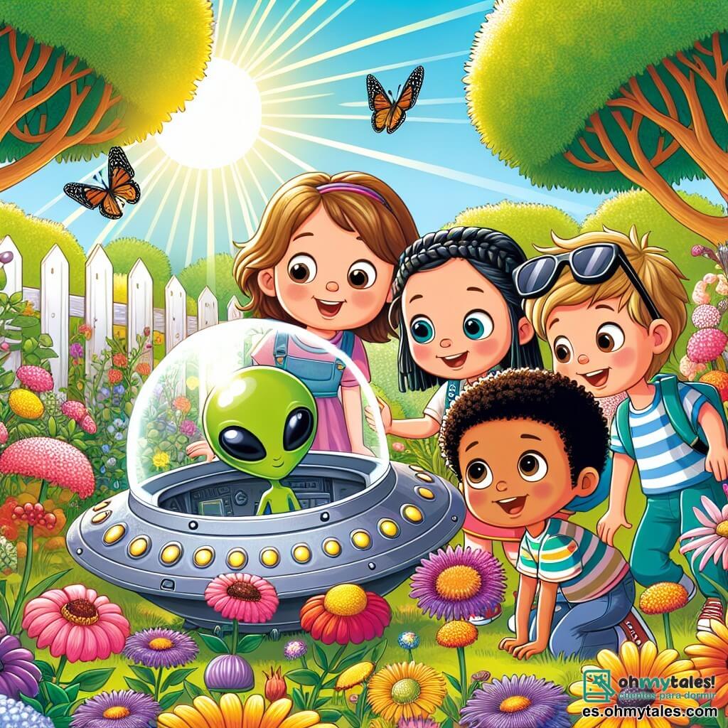 En un jardín soleado, cuatro niños se reúnen alrededor de una pequeña nave espacial brillante. Marta, una niña de 8 años con cabello castaño y gafas, mira la nave con ojos maravillados. A su lado, Pedro, un niño de 9 años con cabello rubio desordenado, señala la puerta de la nave que se abre. Lucía, una niña de 7 años con trenzas negras y un vestido colorido, sonríe levantando los brazos, llena de emoción. Finalmente, Tomás, un niño de 8 años con gafas de sol en la cabeza y una camiseta a rayas, se agacha para ver mejor dentro de la nave. El jardín está lleno de flores multicolores, grandes árboles verdes y rayos de sol que filtran a través de las hojas. Al fondo, se ve una cerca de madera y mariposas que vuelan alrededor de las flores. La situación principal muestra a los niños descubriendo la nave espacial, con la puerta abierta y un extraterrestre verde y sonriente que sale, listo para hacerse amigo. Los niños muestran expresiones de sorpresa y alegría, ilustrando su entusiasmo por este encuentro increíble.