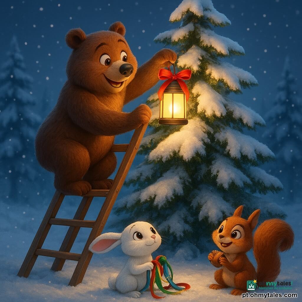 Um urso pardo chamado Bartolomeu, com uma pelagem espessa e olhos brilhantes de determinação, está no topo de uma grande escada encostada em um majestoso pinheiro nevado. Ele prende cuidadosamente uma lanterna mágica de LED, envolta em uma fita vermelha viva, no galho mais alto. Aos seus pés, a coelha travessa Branquinha, um pequeno coelho branco com longas orelhas e olhos curiosos, olha para cima com admiração, segurando um pacote de fitas coloridas. Ao lado dela, o esquilo travesso Rabanete, um esquilo ruivo com um rabo peludo, mastiga uma noz enquanto observa a cena com um sorriso malicioso. A cena se desenrola em uma clareira nevada da floresta, onde os flocos de neve caem suavemente, cobrindo o chão com um manto branco cintilante. A árvore, iluminada pela lanterna, brilha com uma luz suave e acolhedora, criando uma atmosfera mágica e festiva.