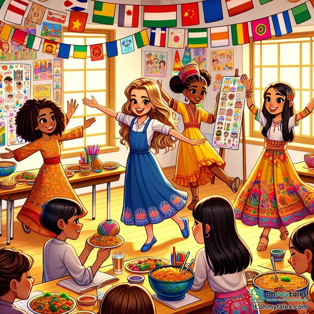 In un'aula colorata, quattro ragazze si tengono insieme, raggiante di gioia. **Giulia**: una ragazza di 12 anni, di origine italiana, con lunghi capelli castano chiaro e occhi brillanti, sorride tenendo un grande pannello decorato con disegni di diverse culture. **Sofia**: una ragazza di 12 anni, di origine spagnola, con capelli biondi ricci e pelle chiara, indossa un bel vestito colorato e tiene un piatto di paella, pronta a condividerlo con le amiche. **Amina**: una ragazza di 12 anni, di origine marocchina, con capelli neri e occhi marroni, indossa un elegante velo colorato e danza gioiosamente, mostrando movimenti graziosi della sua danza tradizionale. **Lin**: una ragazza di 12 anni, di origine cinese, con capelli neri lisci e pelle chiara, è china su un tavolo, scrivendo parole in calligrafia cinese con un pennello, circondata dalle sue amiche. L'aula è luminosa, decorata con elementi multiculturali, con poster colorati sui muri che rappresentano bandiere e simboli di tutto il mondo. Le ragazze celebrano la diversità, condividendo le loro tradizioni e storie, circondate da compagni di classe curiosi ed entusiasti, tutti uniti in uno spirito di rispetto e amicizia.