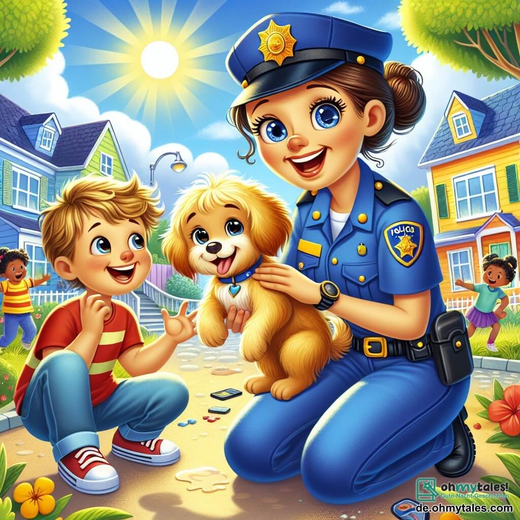 Eine Polizistin, Anna, ist eine lächelnde Frau in einer glänzenden blauen Uniform. Sie hat braune Haare zu einem Dutt gebunden und funkelnde Augen voller Entschlossenheit. Sie hockt und hält einen kleinen Hund mit goldenem Fell, der fröhlich mit dem Schwanz wedelt. Neben ihr steht ein 7-jähriger Junge namens Tim mit zerzausten blonden Haaren und einem roten T-Shirt. Er schaut Anna bewundernd an und zeigt mit dem Finger auf den kleinen Hund, den sie gerade gefunden haben. Die Szene spielt sich in einer belebten Straße eines Wohnviertels mit bunten Häusern und grünen Bäumen ab. Kinder spielen in der Ferne, und die Sonne scheint strahlend am klaren blauen Himmel. Die Hauptsituation zeigt Anna und Tim, die die Entdeckung des kleinen Hundes feiern, mit strahlenden Lächeln auf ihren Gesichtern, umgeben von einer fröhlichen und freundlichen Atmosphäre.