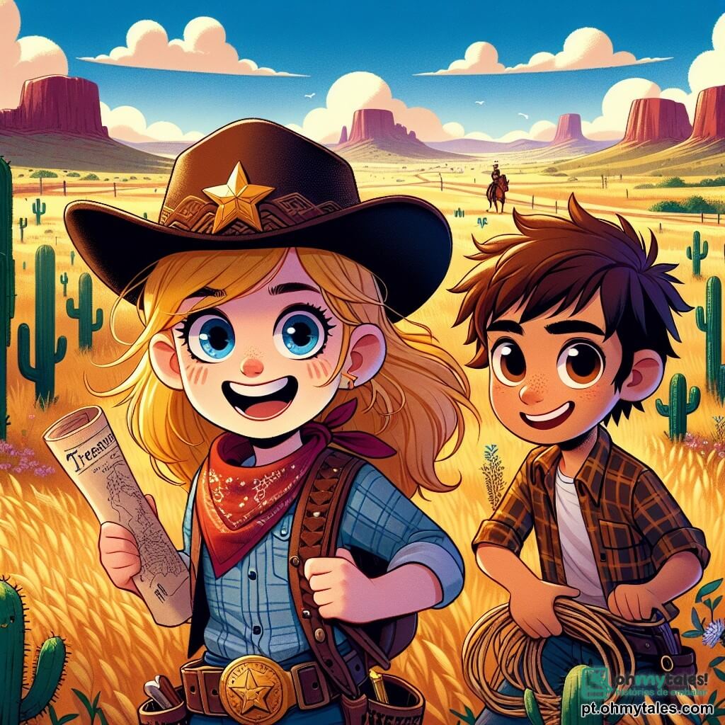 Clara, uma jovem cowgirl de 10 anos, tem cabelos dourados que brilham ao sol e usa um chapéu de cowboy decorado com uma estrela. Ela exibe um grande sorriso, cheia de determinação, enquanto segura um mapa do tesouro nas mãos, pronta para a aventura. Ao seu lado, Billy, seu melhor amigo de 10 anos, tem cabelos castanhos bagunçados e usa uma camisa xadrez. Ele olha para Clara com olhos arregalados de excitação, segurando um laço na mão. A cena se passa em uma vasta pradaria do Velho Oeste, com colinas ondulantes ao horizonte, cactos espalhados e um céu azul brilhante salpicado de nuvens brancas. Ao longe, vê-se as silhuetas das montanhas onde o tesouro está escondido. Clara e Billy estão diante da entrada de uma caverna escura, cercados por rochas, prontos para entrar no desconhecido, com um sentimento de aventura e coragem no ar.