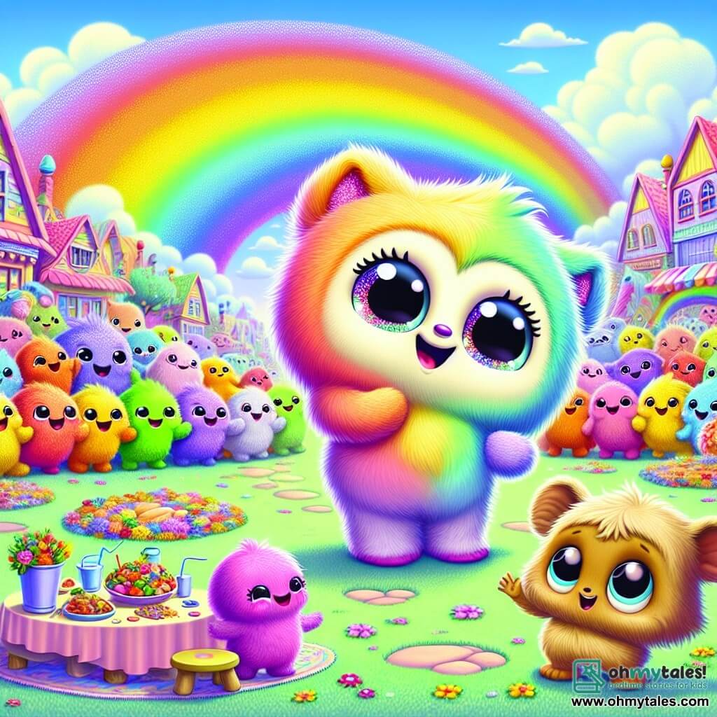Blinko, a small fluffy creature colorful like a rainbow, with bright eyes and a big smile, stands at the center of the scene with arms open, expressing joy and enthusiasm. Next to him, a small character with droopy ears, brown fur, and sad eyes admires Blinko while holding a colorful letter in his tiny hands. In the background, a group of cheerful creatures in vibrant colors bustle around tables filled with delicious food and blankets, laughing and sharing stories. The setting is a central square of Rainbow Village, surrounded by pastel-colored houses, bright flowers, and shimmering trees under a light blue sky dotted with fluffy clouds. The main scene shows Blinko encouraging his friends to share their resources and celebrate solidarity, creating a warm and festive atmosphere filled with laughter and color.