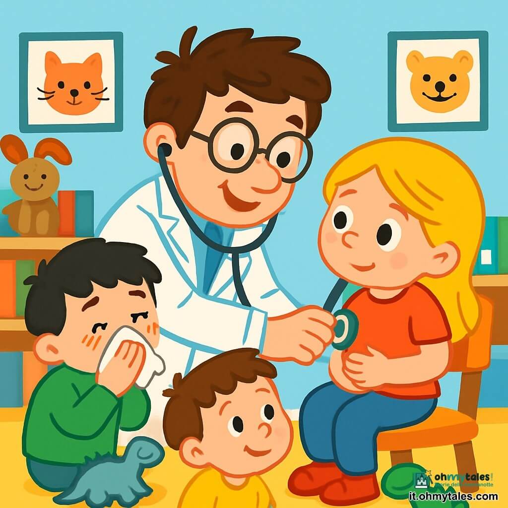 Un uomo, il dottor Luca, sorridente e caloroso, indossa un camice bianco. Ha i capelli castani in disordine e occhiali tondi che gli conferiscono un'aria amichevole. È chinato verso una bambina, Chiara, di circa 7 anni, con capelli biondi e occhi vivaci, che si tiene la pancia con un'espressione preoccupata ma fiduciosa, pronta ad ascoltare il dottore. Nella stanza c'è anche Tommaso, un bambino di 6 anni con capelli neri e lentiggini, che starnutisce delicatamente con un fazzoletto in mano. Leo, un altro bambino di 5 anni, è seduto per terra circondato da giocattoli a forma di dinosauri, ascoltando attentamente. Il luogo è uno studio medico colorato, con pareti blu cielo e disegni di animali sorridenti ovunque. Le mensole piene di libri e peluche aggiungono calore all'ambiente. La scena principale mostra il dottor Luca mentre visita Chiara con uno stetoscopio, parlandole gentilmente per rassicurarla, mentre gli altri bambini lo osservano con curiosità, creando un'atmosfera di amicizia e fiducia.