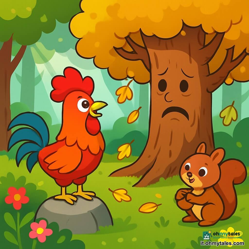 Un gallo dal piumaggio rosso vivo, con piume lucenti e occhi scintillanti di entusiasmo, si erge fiero su una pietra nel mezzo di una foresta incantata. Osserva intorno a sé con un'espressione determinata, pronto ad aiutare il vecchio quercia. Vicino, un vecchio quercia con un tronco largo e nodoso, con foglie dorate e rami estesi, sembra triste, con le foglie che cadono dolcemente a terra. Nell'erba, un piccolo scoiattolo curioso, con occhi rotondi e pelliccia marrone, osserva il gallo con interesse, tenendo una nocciola tra le zampe. La scena si svolge in un radura illuminata, circondata da alberi maestosi e fiori colorati, dove i raggi di sole filtrano attraverso il fogliame. Il gallo si prepara a parlare al vecchio quercia, determinato a ridargli il sorriso e portare gioia in questa foresta magica.